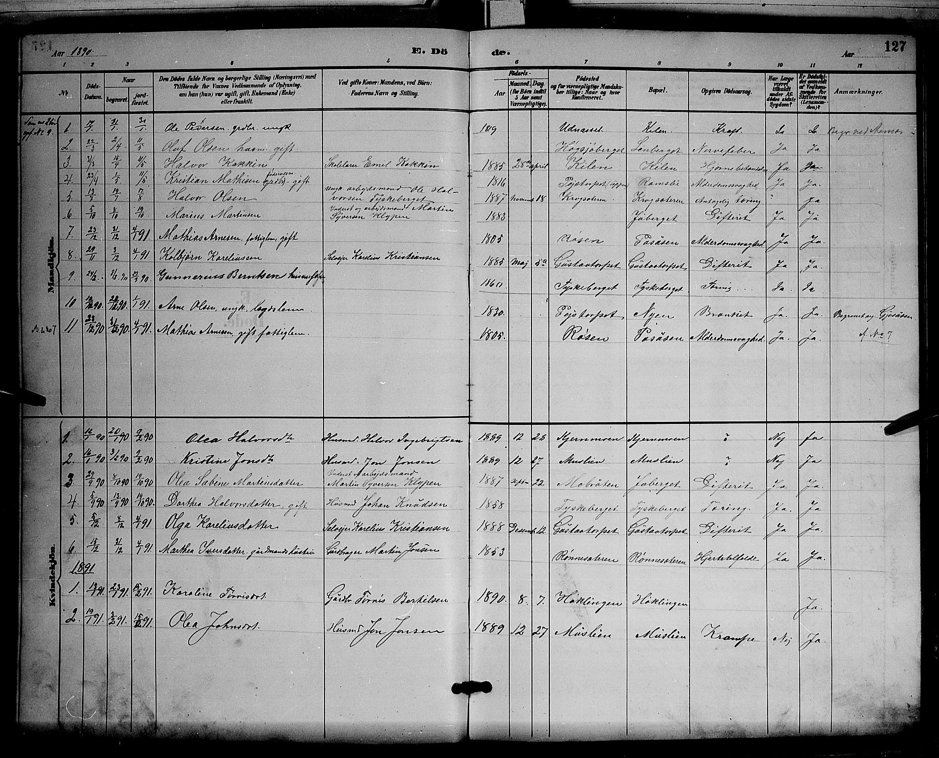 Åsnes prestekontor, SAH/PREST-042/H/Ha/Hab/L0003: Parish register (copy) no. 3, 1890-1902, p. 127