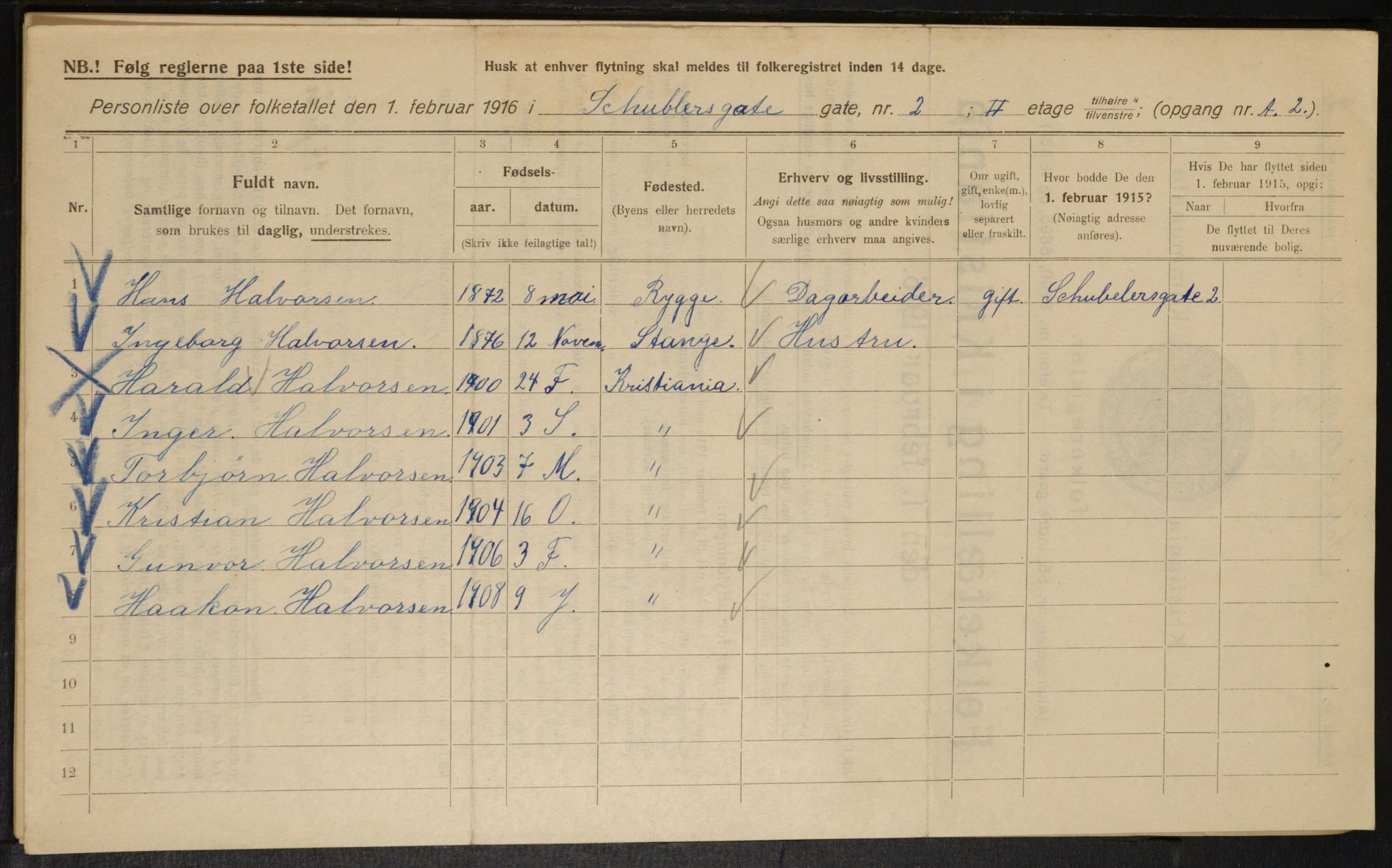 OBA, Municipal Census 1916 for Kristiania, 1916, p. 95109