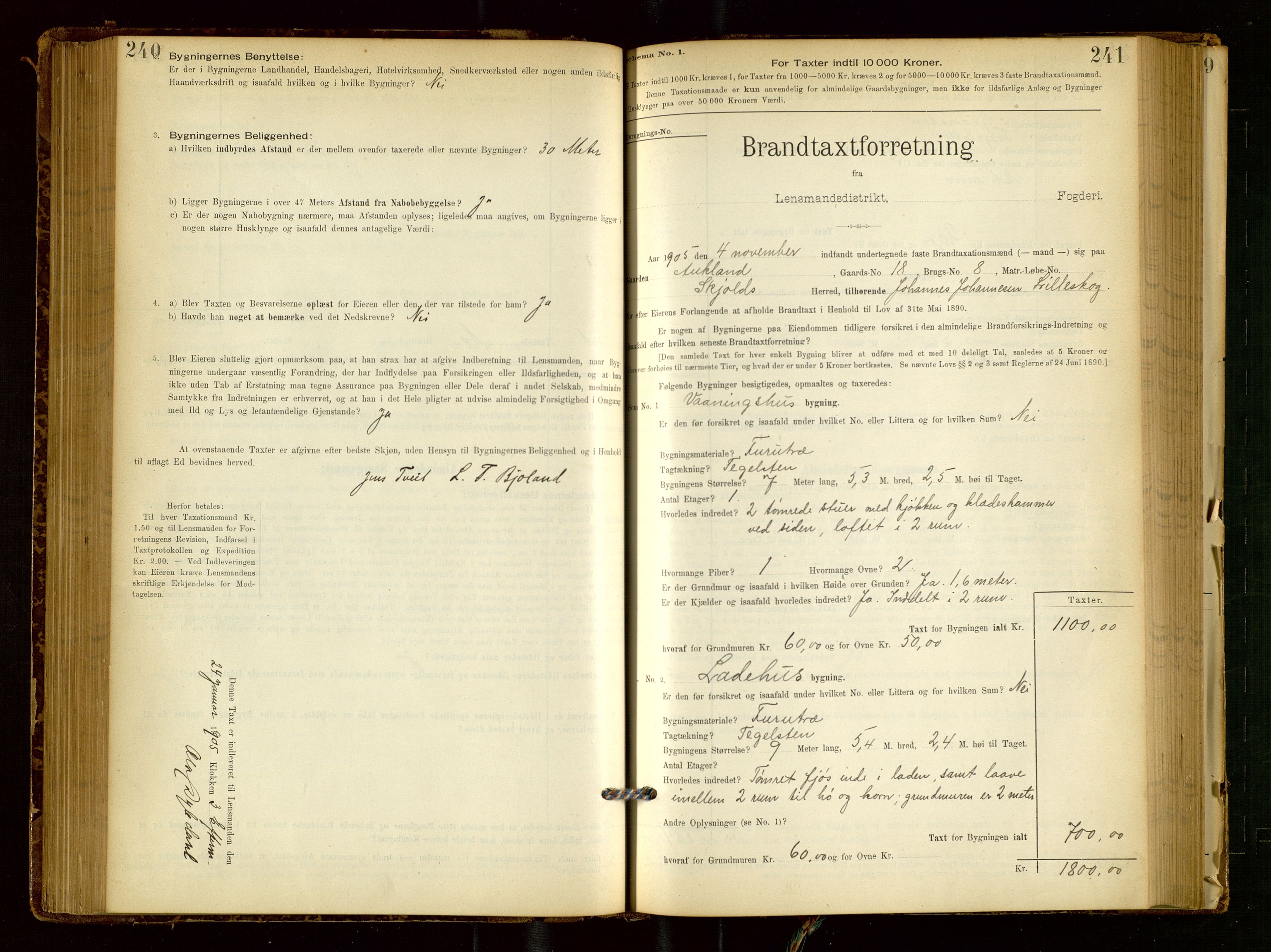 Skjold lensmannskontor, SAST/A-100182/Gob/L0001: "Brandtaxationsprotokol for Skjold Lensmandsdistrikt Ryfylke Fogderi", 1894-1939, p. 240-241