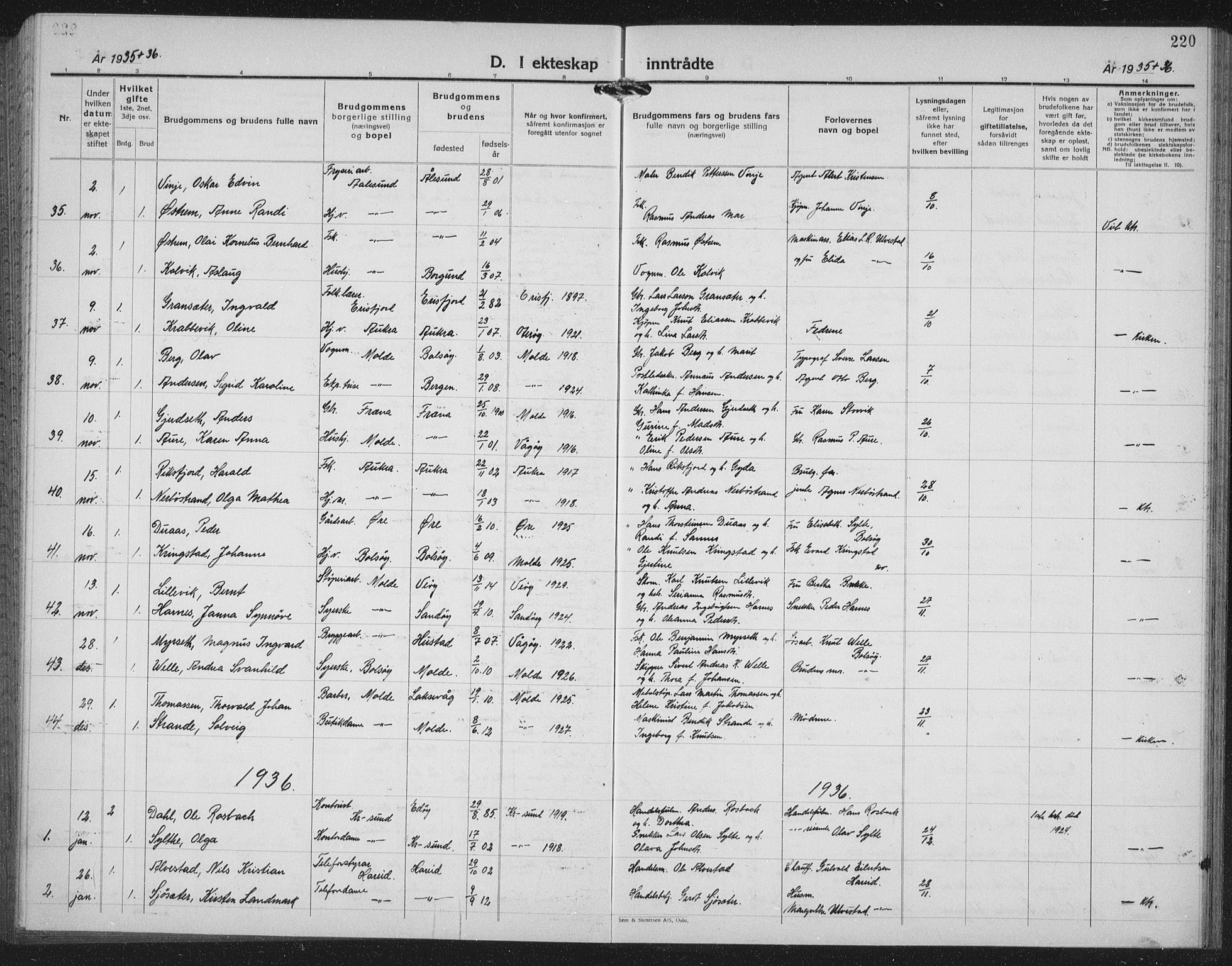 Ministerialprotokoller, klokkerbøker og fødselsregistre - Møre og Romsdal, SAT/A-1454/558/L0704: Parish register (copy) no. 558C05, 1921-1942, p. 220