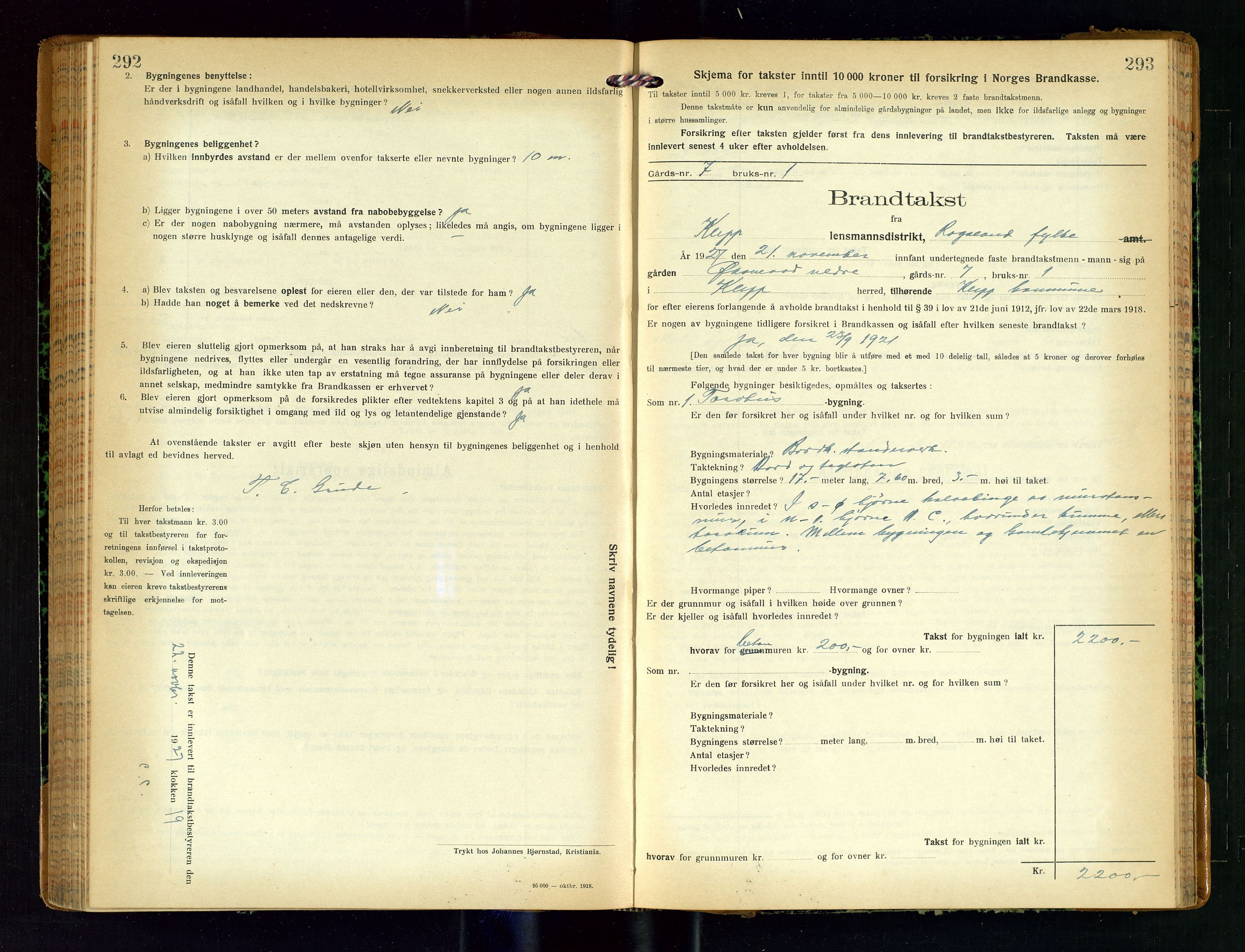 Klepp lensmannskontor, AV/SAST-A-100163/Goc/L0011: "Brandtakstprotokoll" m/register, 1924-1929, p. 292-293