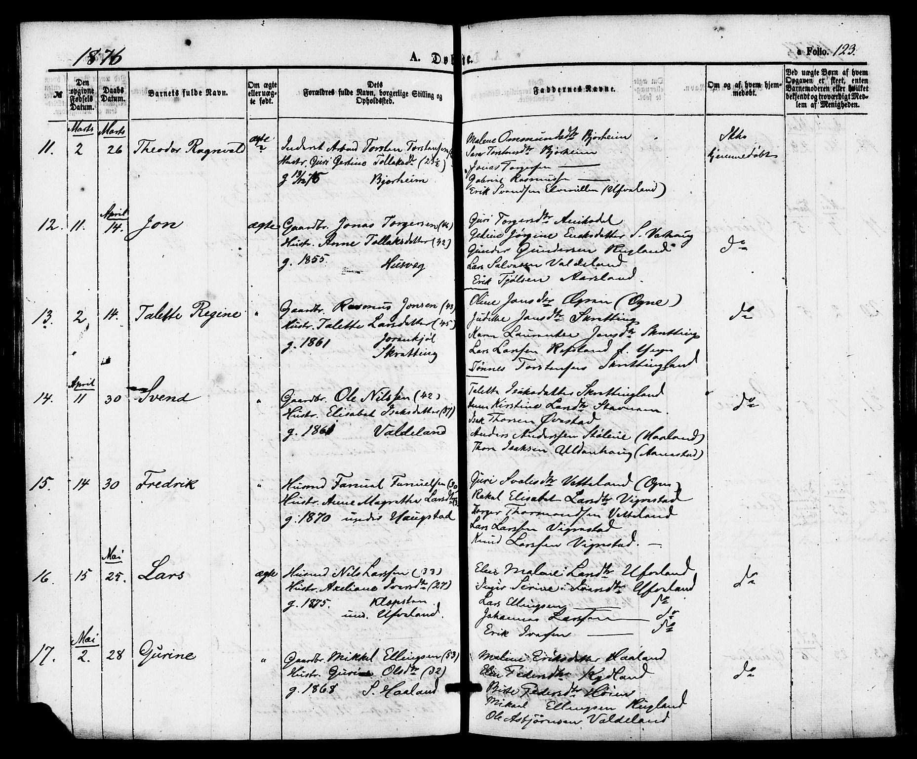 Hå sokneprestkontor, AV/SAST-A-101801/001/30BA/L0009: Parish register (official) no. A 8, 1855-1878, p. 123