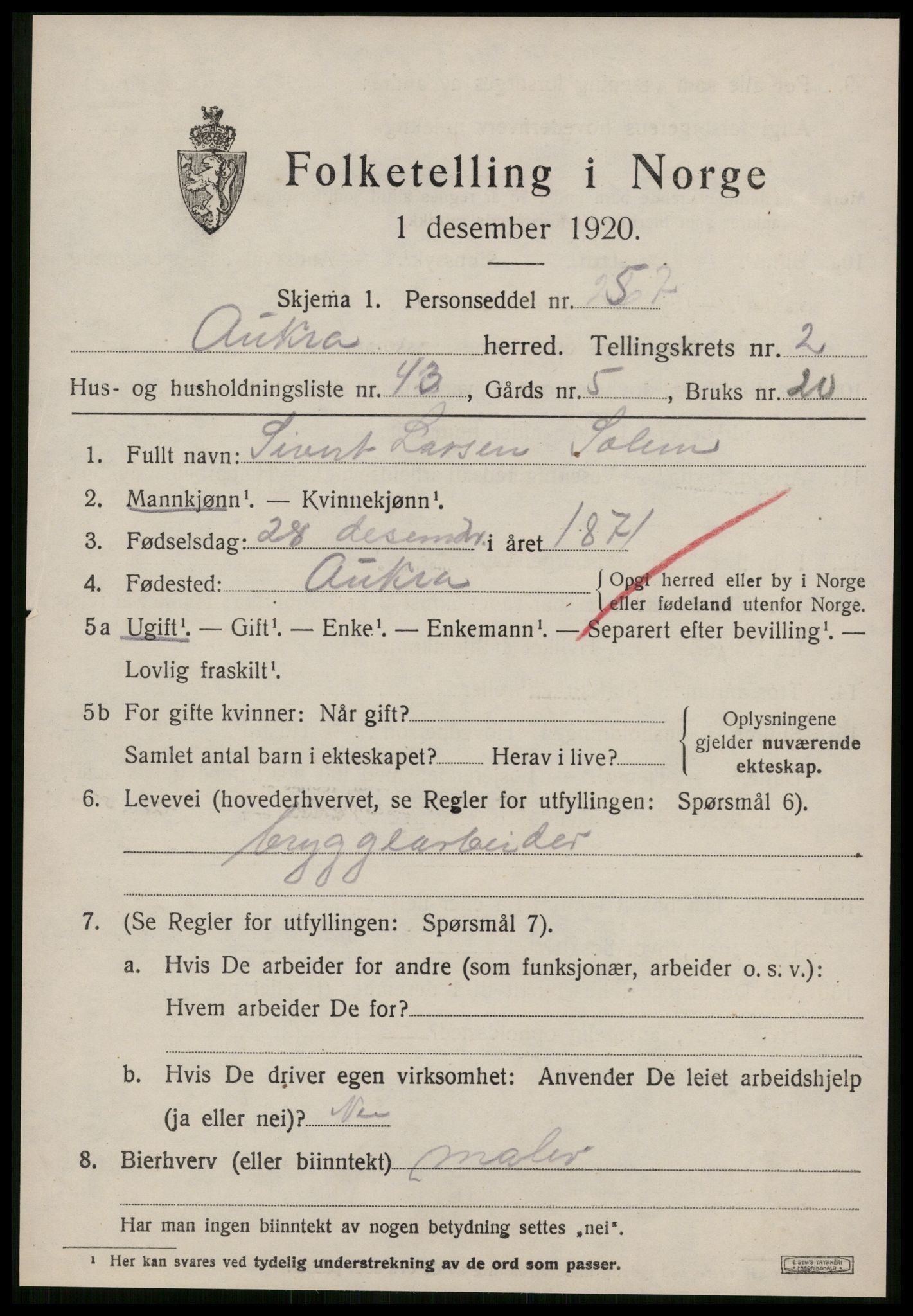 SAT, 1920 census for Aukra, 1920, p. 2155