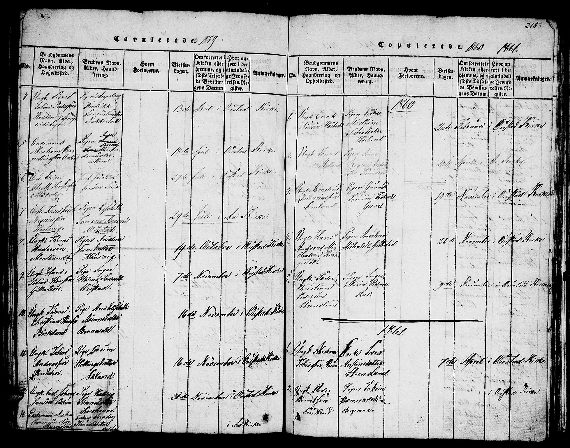 Lyngdal sokneprestkontor, SAK/1111-0029/F/Fb/Fba/L0001: Parish register (copy) no. B 1, 1816-1876, p. 215