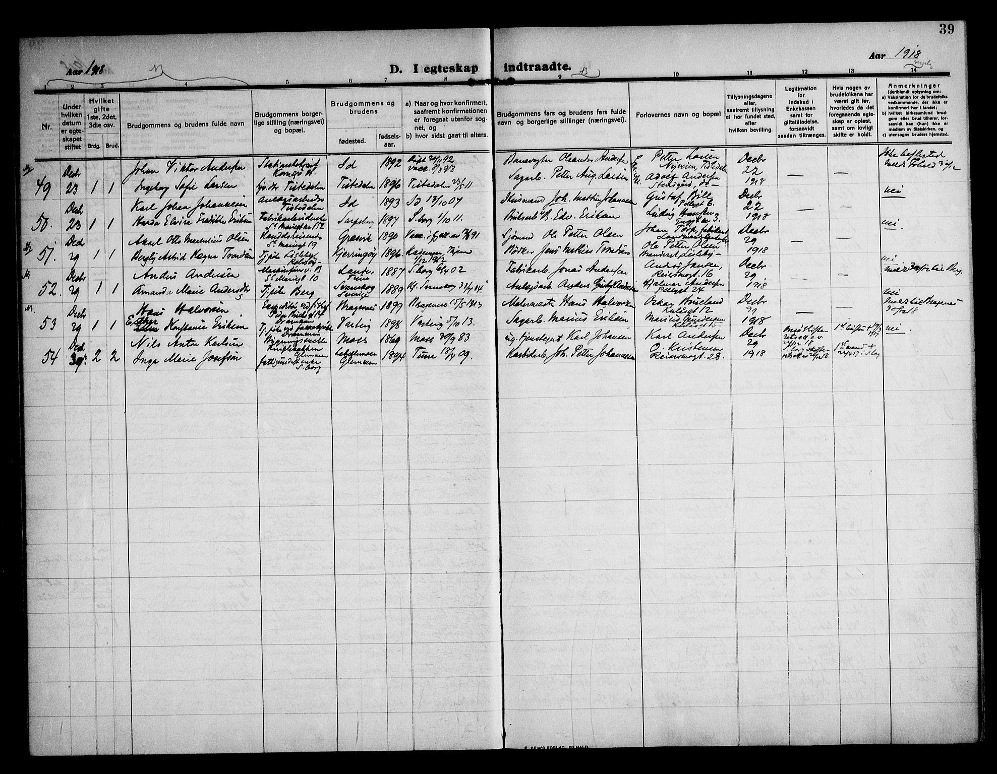 Sarpsborg prestekontor Kirkebøker, AV/SAO-A-2006/F/Fa/L0007: Parish register (official) no. 7, 1910-1918, p. 39