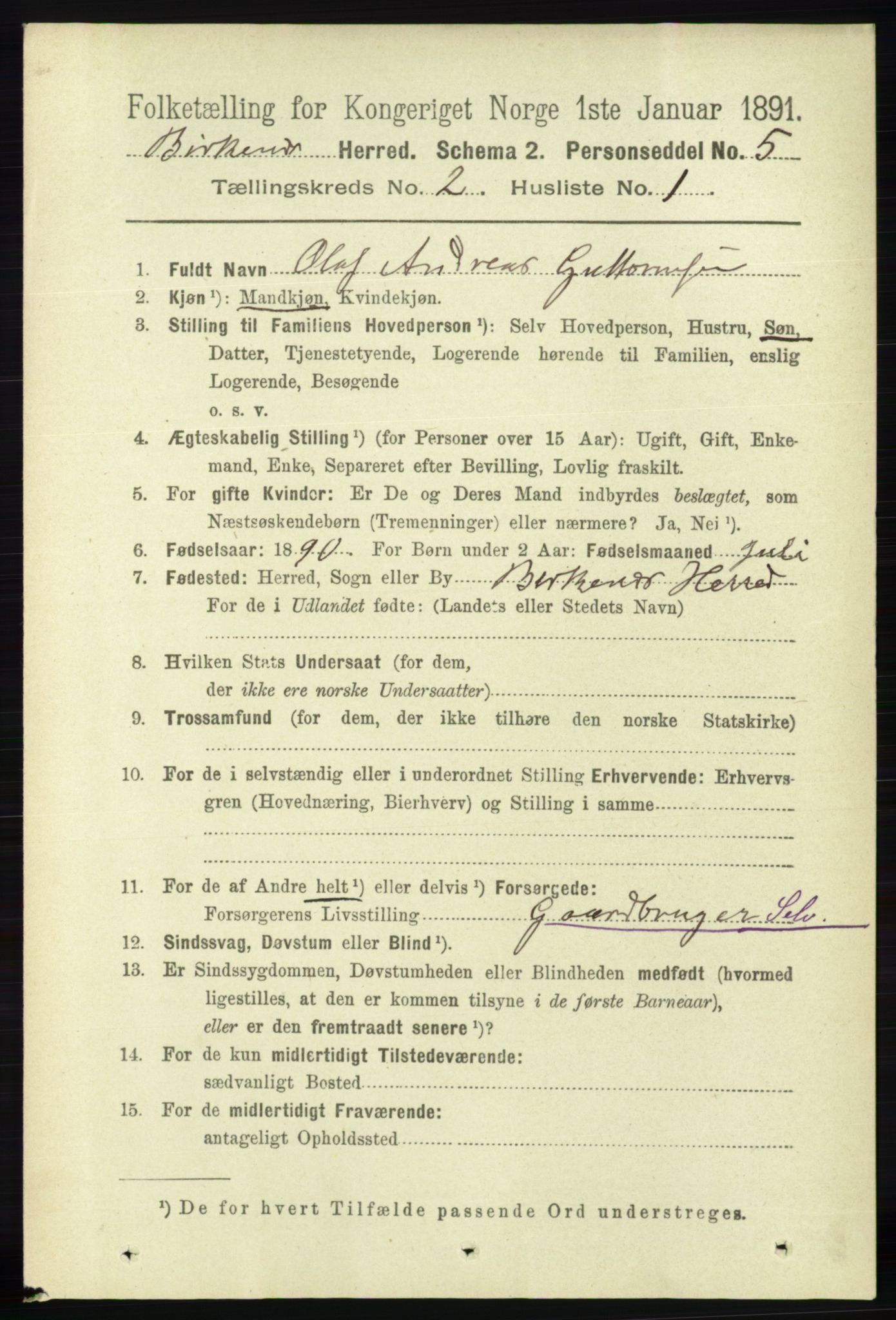 RA, 1891 Census for 0928 Birkenes, 1891, p. 504