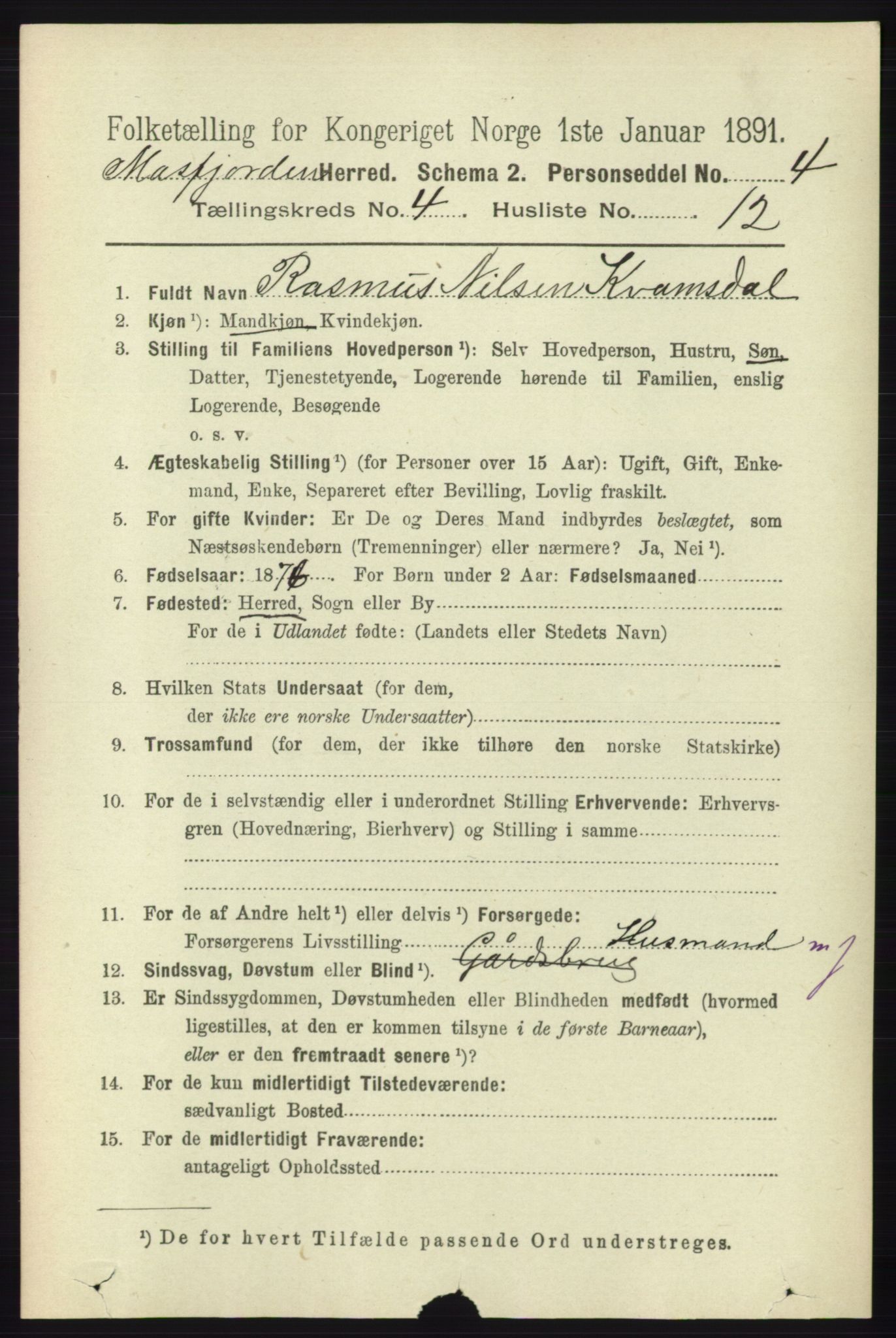 RA, 1891 census for 1266 Masfjorden, 1891, p. 825