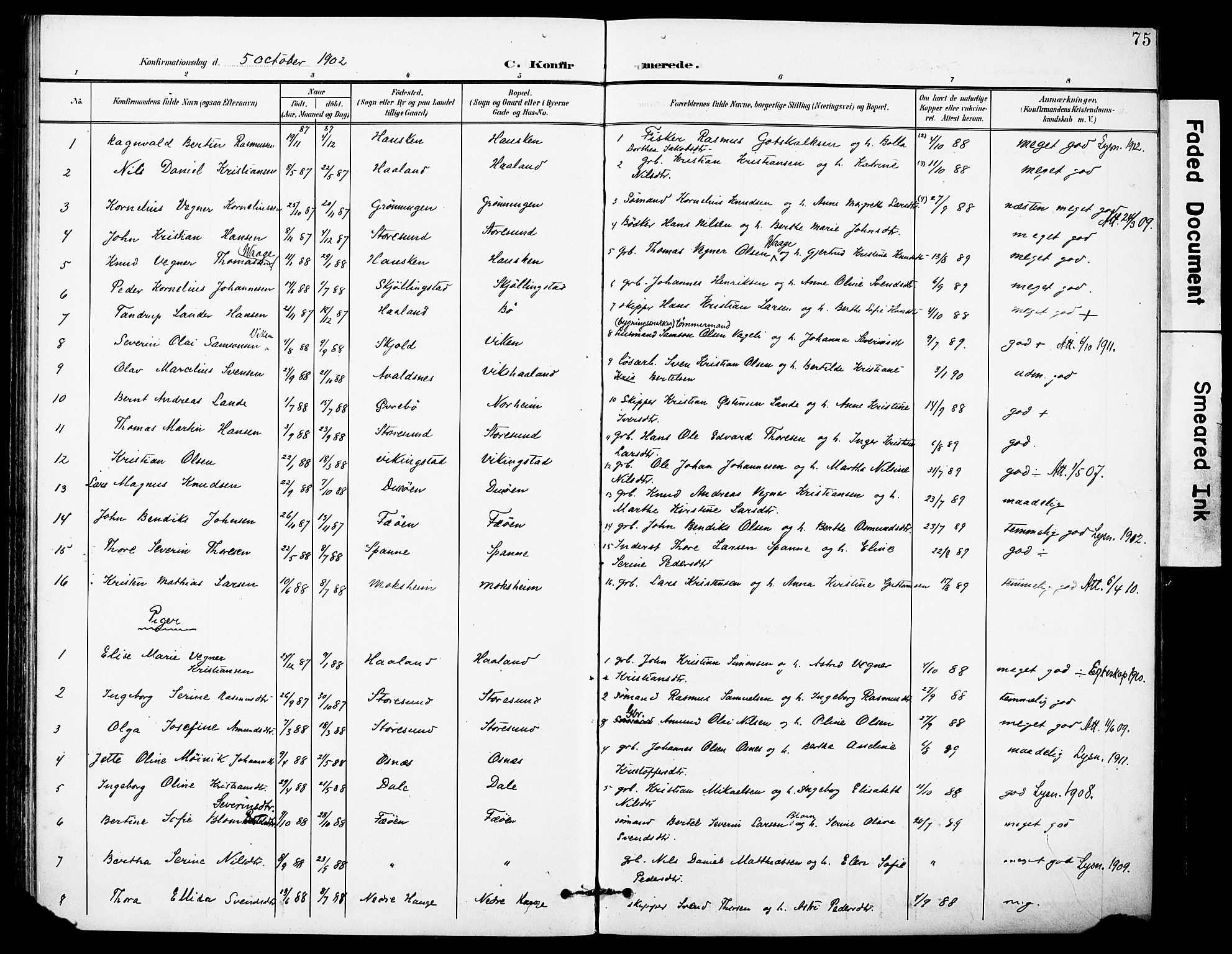 Torvastad sokneprestkontor, SAST/A -101857/H/Ha/Haa/L0017: Parish register (official) no. A 16, 1899-1911, p. 75