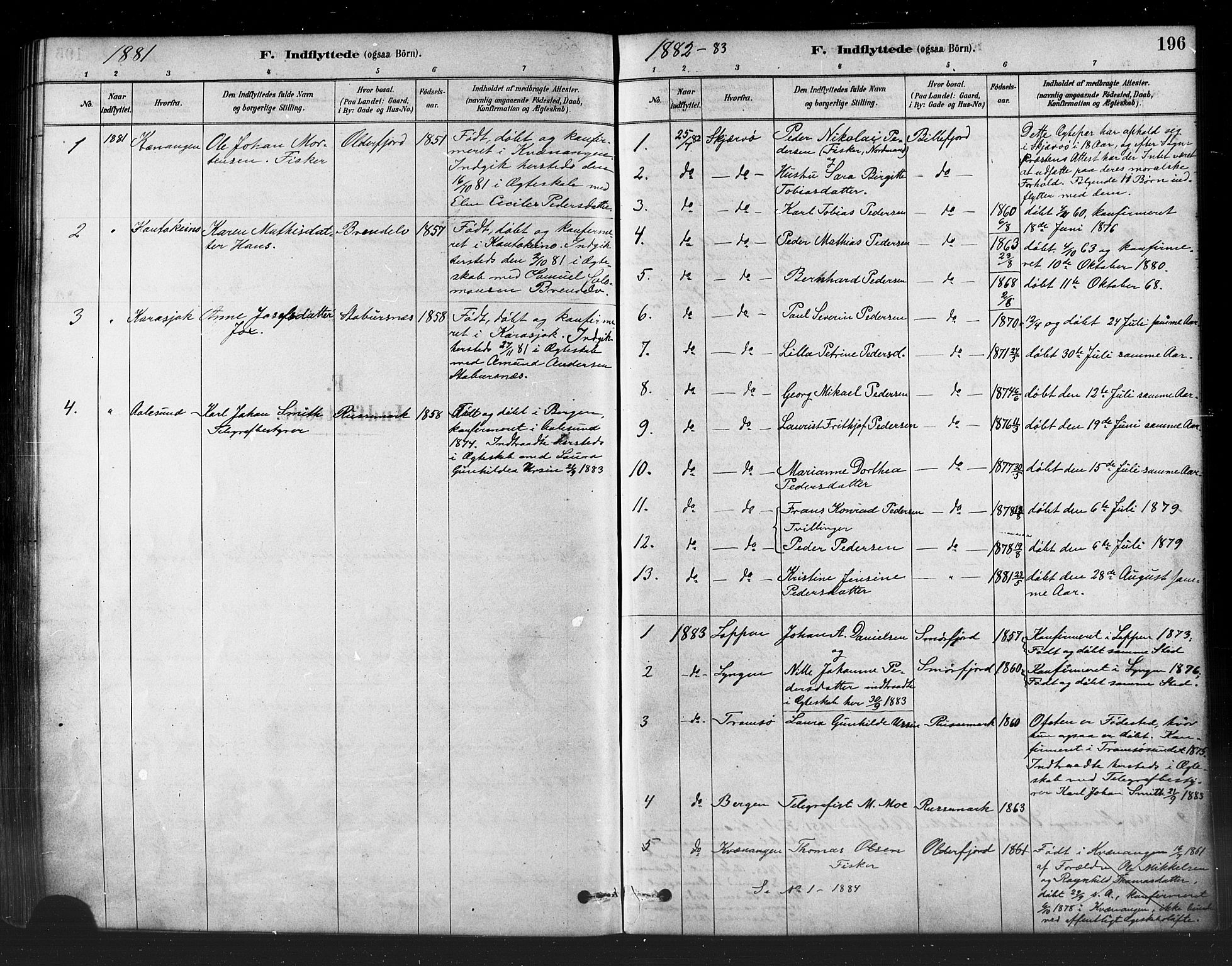 Kistrand/Porsanger sokneprestembete, SATØ/S-1351/H/Ha/L0007.kirke: Parish register (official) no. 7, 1881-1889, p. 196