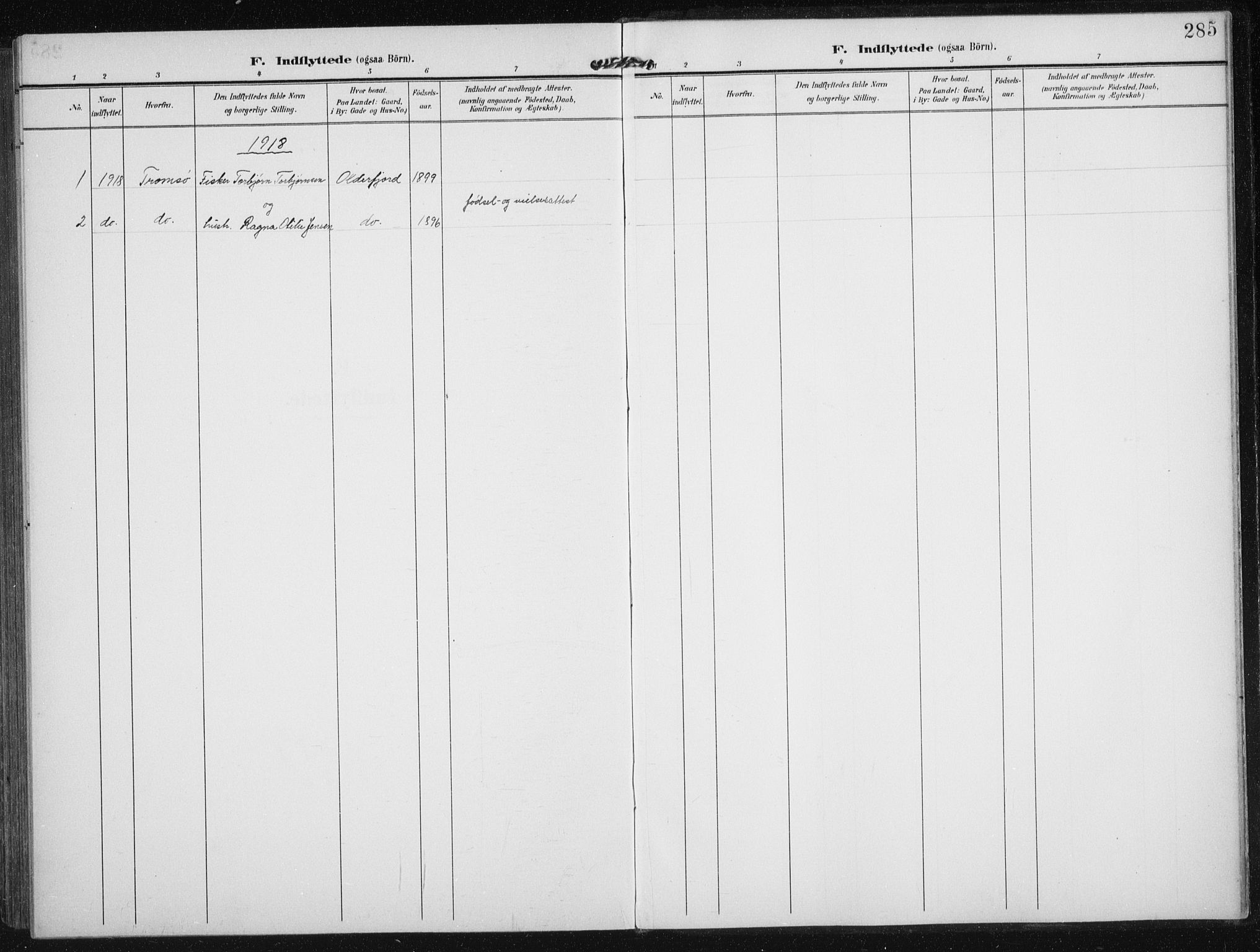 Skjervøy sokneprestkontor, SATØ/S-1300/H/Ha/Hab/L0017klokker: Parish register (copy) no. 17, 1906-1941, p. 285