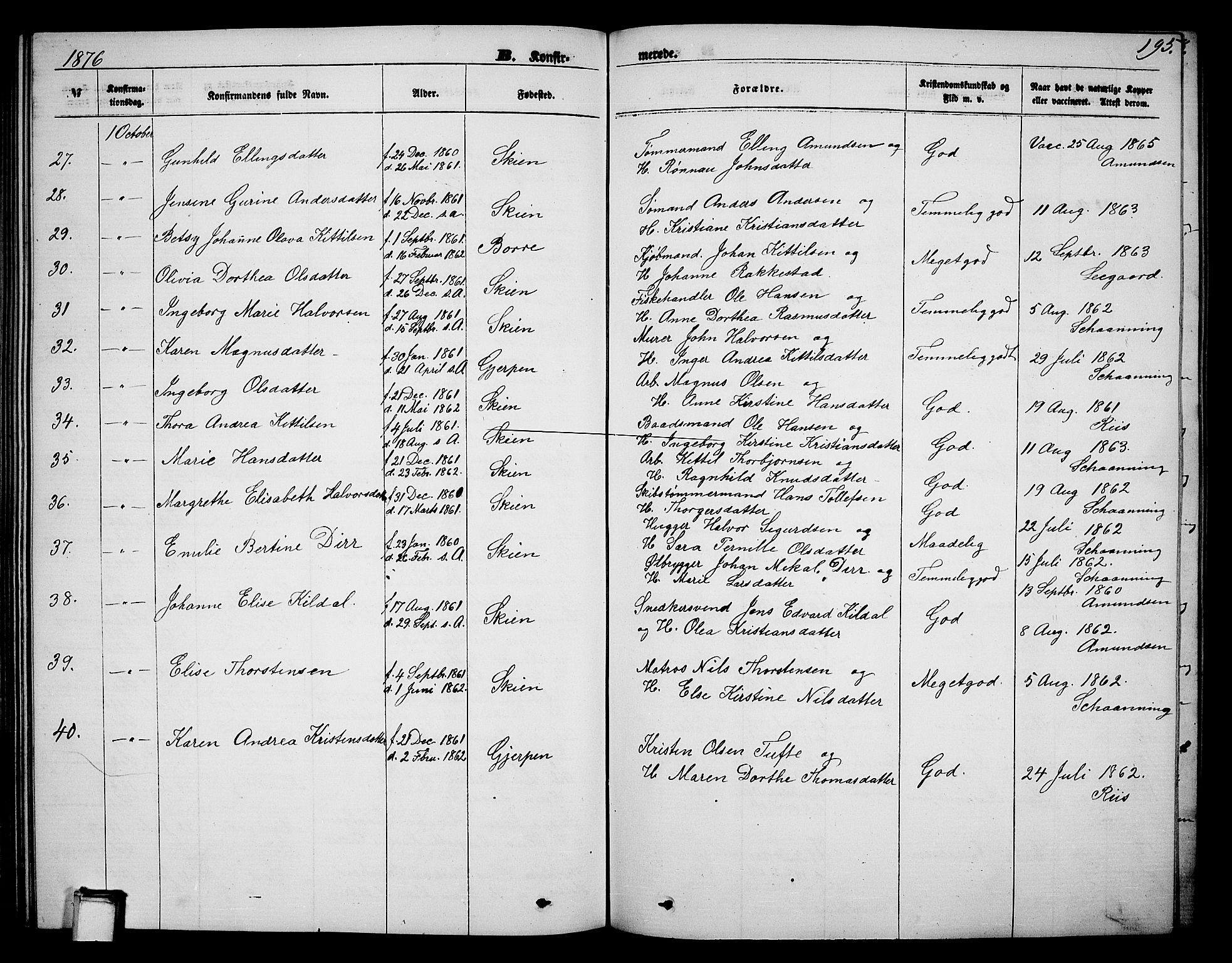 Skien kirkebøker, SAKO/A-302/G/Ga/L0005: Parish register (copy) no. 5, 1868-1880, p. 195