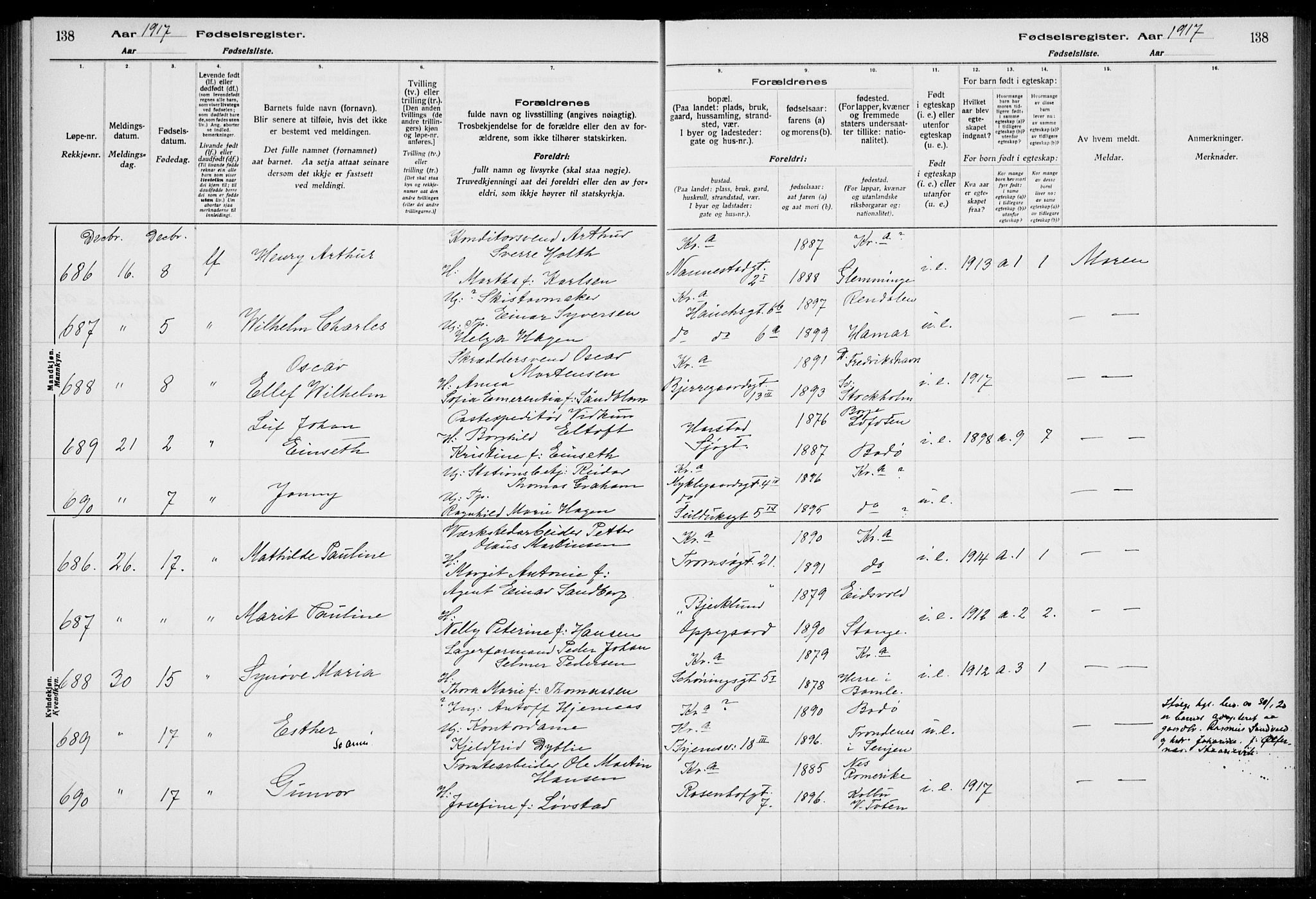 Rikshospitalet prestekontor Kirkebøker, AV/SAO-A-10309b/J/L0002: Birth register no. 2, 1917-1917, p. 138