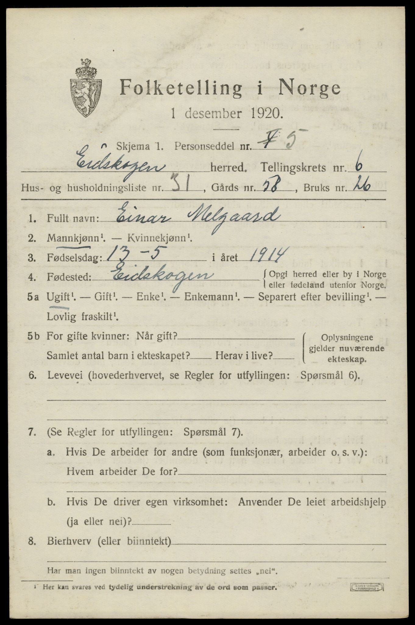SAH, 1920 census for Eidskog, 1920, p. 6747