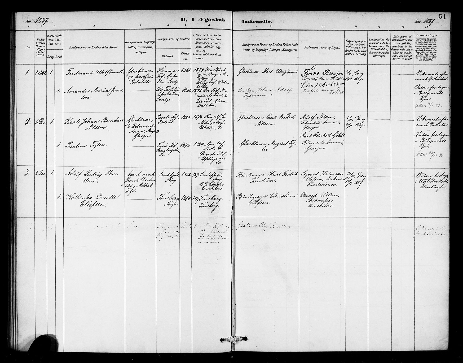 Den norske sjømannsmisjon i utlandet/Skotske havner (Leith, Glasgow), SAB/SAB/PA-0100/H/Ha/Haa/L0003: Parish register (official) no. A 3, 1887-1898, p. 51