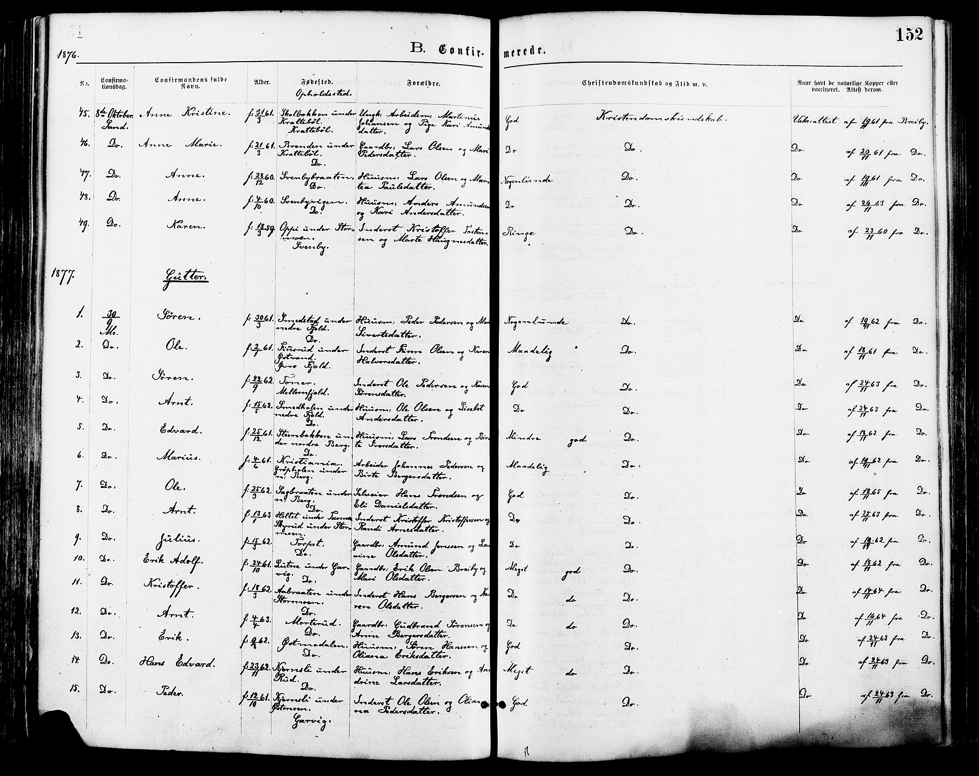 Nord-Odal prestekontor, AV/SAH-PREST-032/H/Ha/Haa/L0005: Parish register (official) no. 5, 1874-1885, p. 152