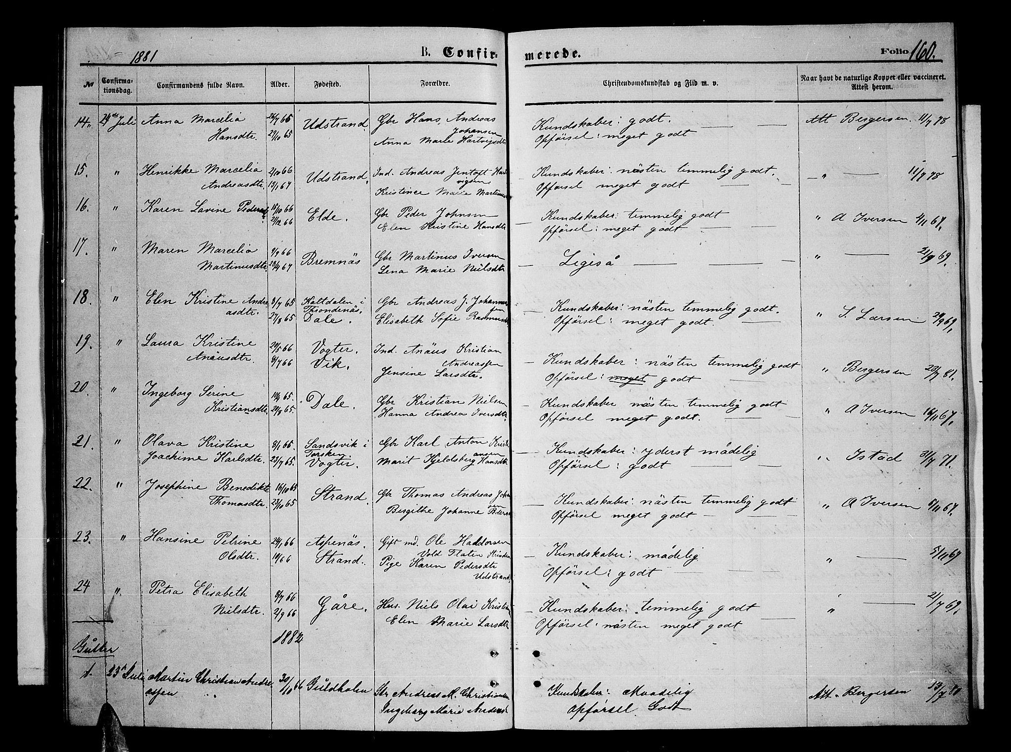 Kvæfjord sokneprestkontor, SATØ/S-1323/G/Ga/Gab/L0004klokker: Parish register (copy) no. 4, 1870-1886, p. 160