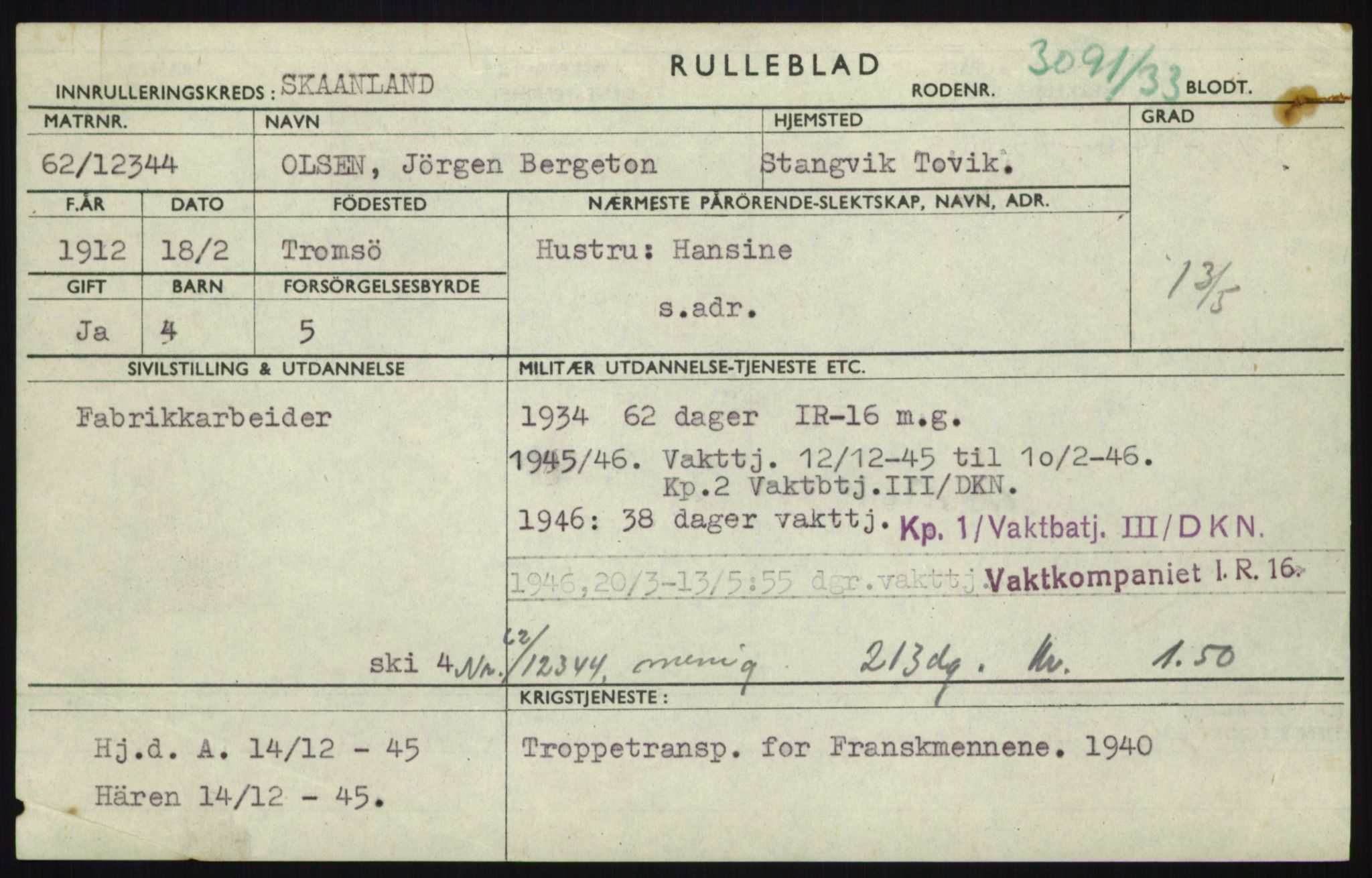Forsvaret, Troms infanteriregiment nr. 16, AV/RA-RAFA-3146/P/Pa/L0017: Rulleblad for regimentets menige mannskaper, årsklasse 1933, 1933, p. 955