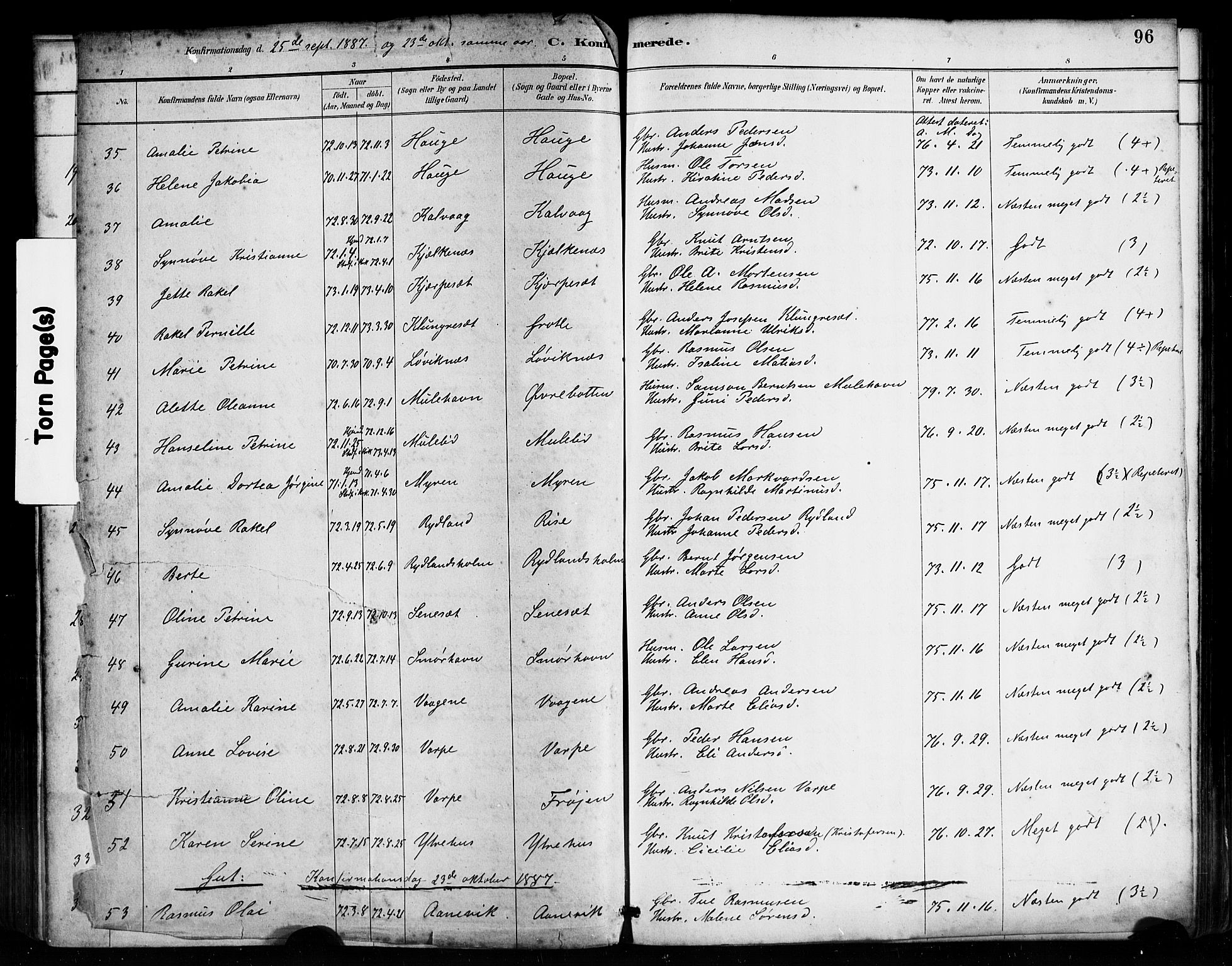 Bremanger sokneprestembete, AV/SAB-A-82201/H/Haa/Haab/L0001: Parish register (official) no. B 1, 1884-1895, p. 96