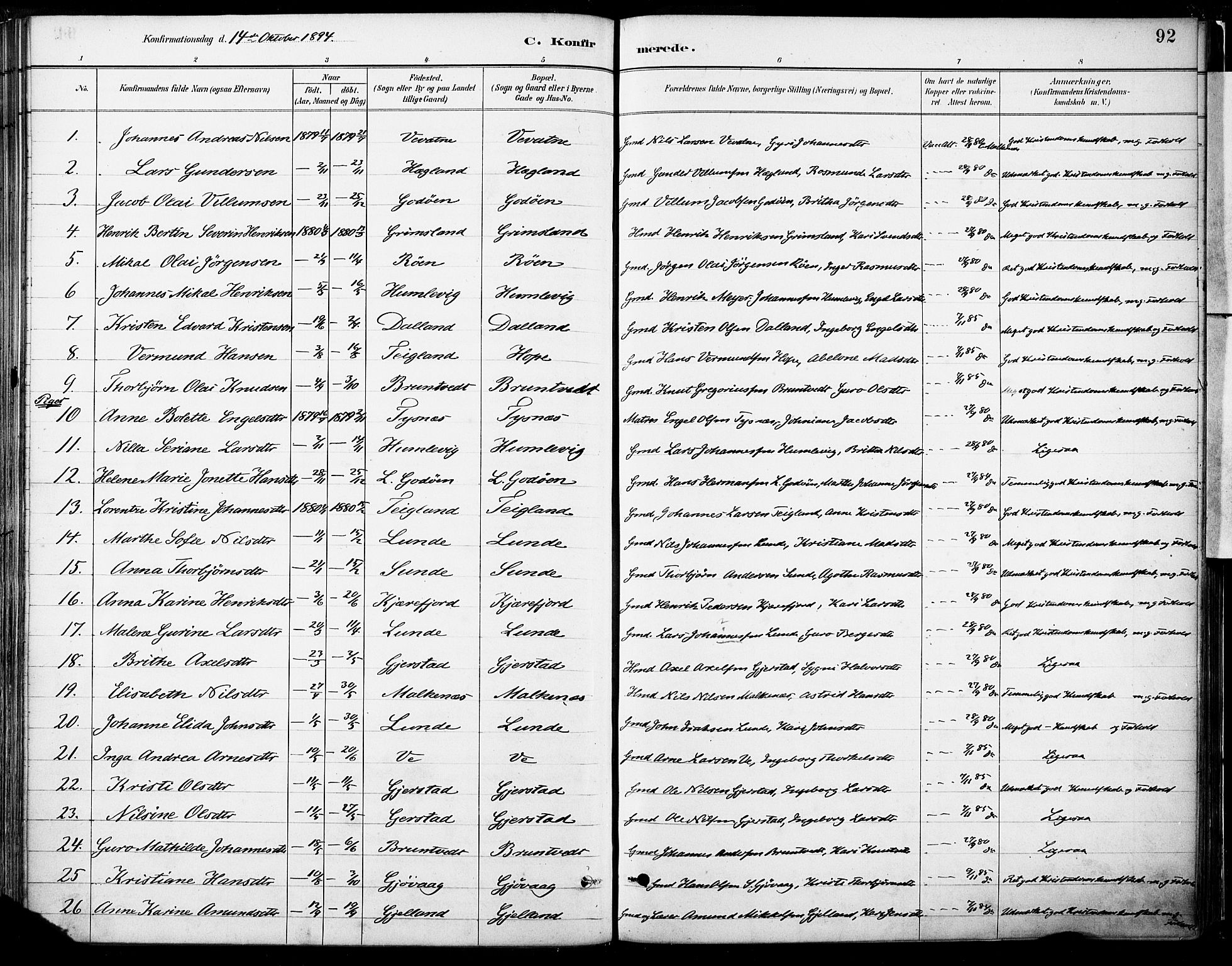 Tysnes sokneprestembete, SAB/A-78601/H/Haa: Parish register (official) no. B 1, 1887-1906, p. 92
