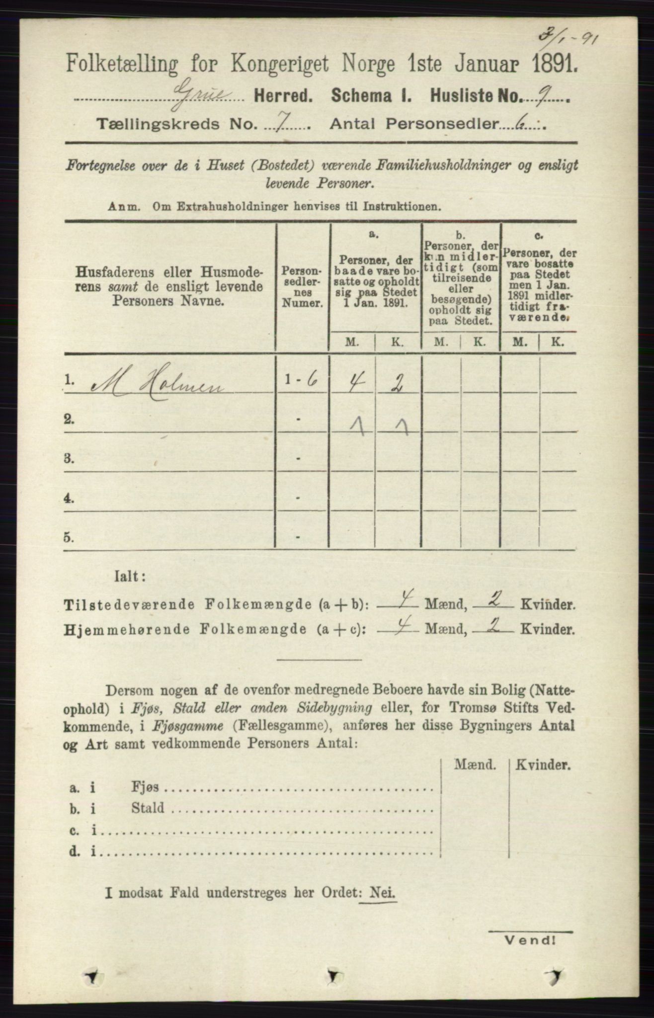 RA, 1891 census for 0423 Grue, 1891, p. 3458