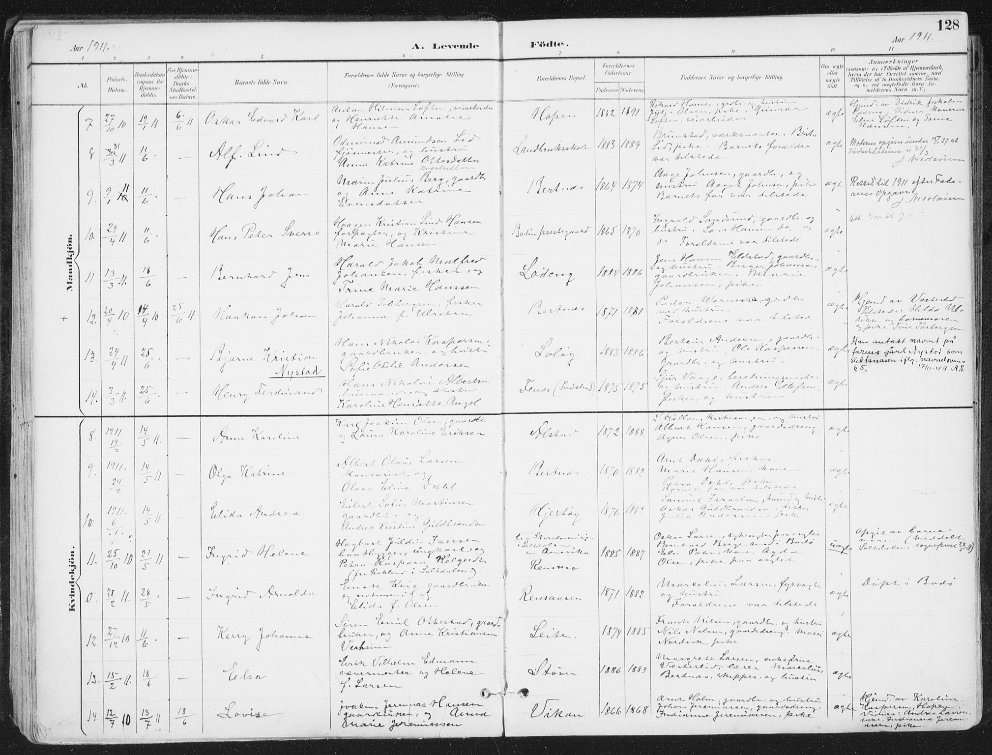 Ministerialprotokoller, klokkerbøker og fødselsregistre - Nordland, SAT/A-1459/802/L0055: Parish register (official) no. 802A02, 1894-1915, p. 128