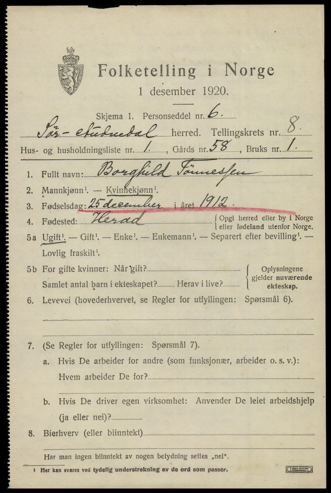 SAK, 1920 census for Sør-Audnedal, 1920, p. 3189