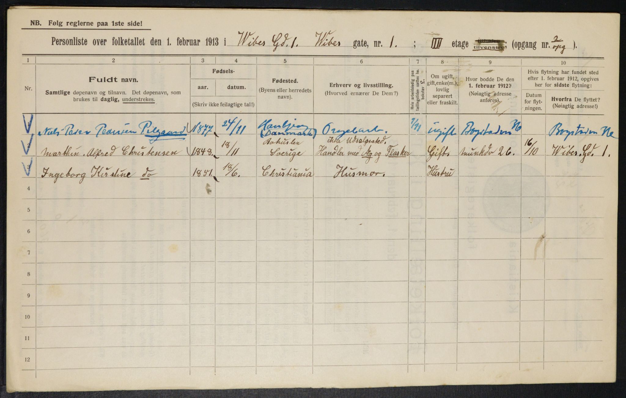 OBA, Municipal Census 1913 for Kristiania, 1913, p. 122435