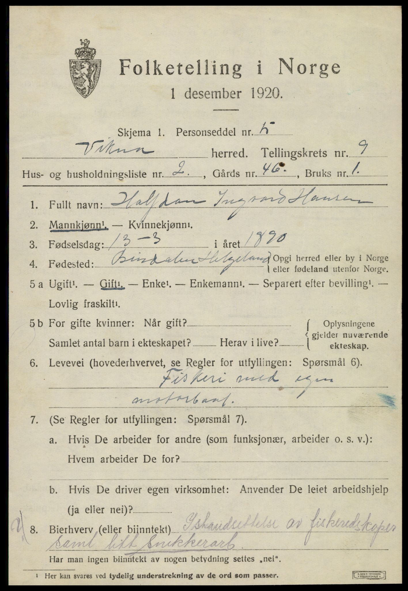 SAT, 1920 census for Vikna, 1920, p. 6457