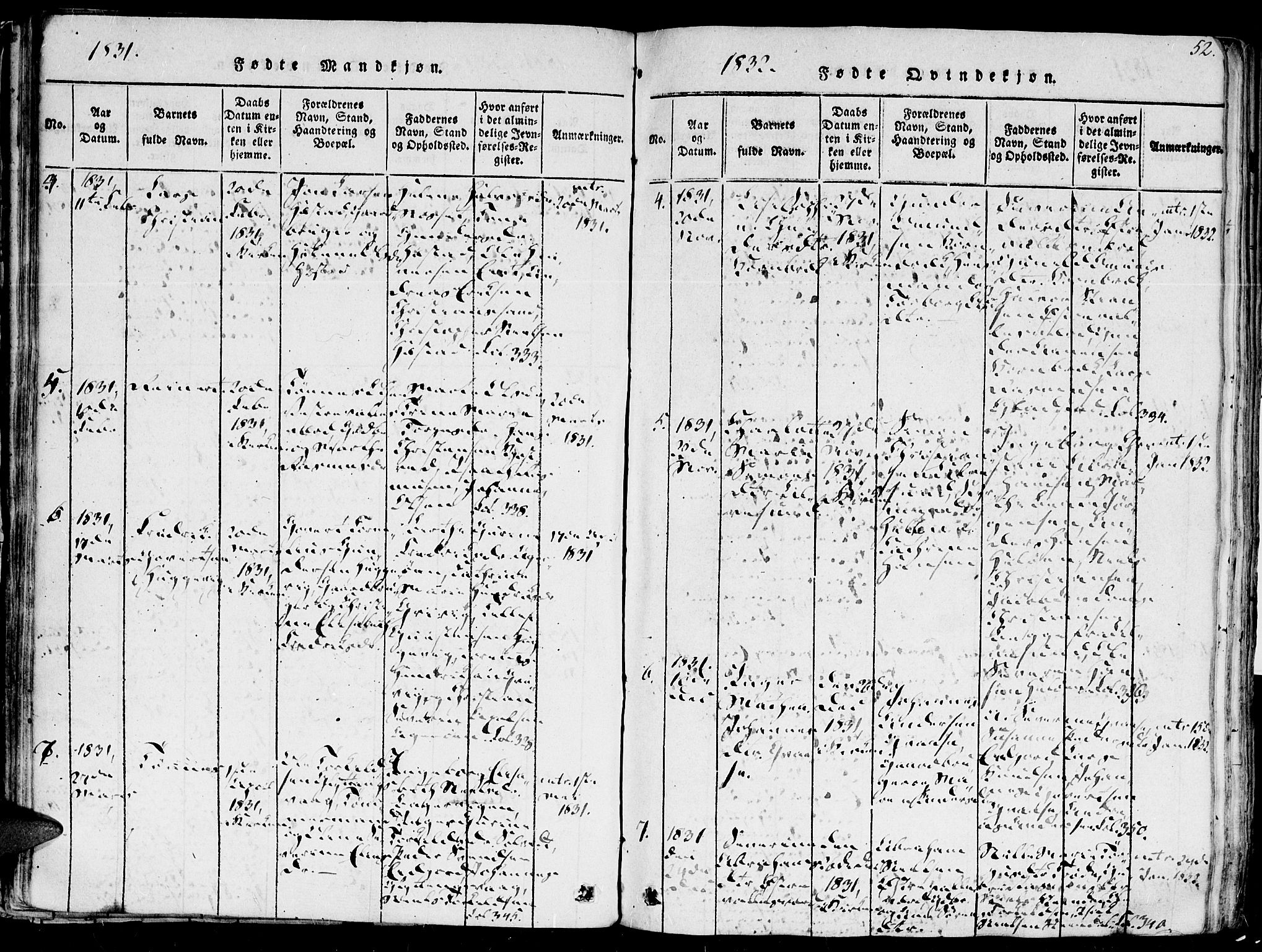 Høvåg sokneprestkontor, SAK/1111-0025/F/Fa/L0001: Parish register (official) no. A 1, 1816-1843, p. 52