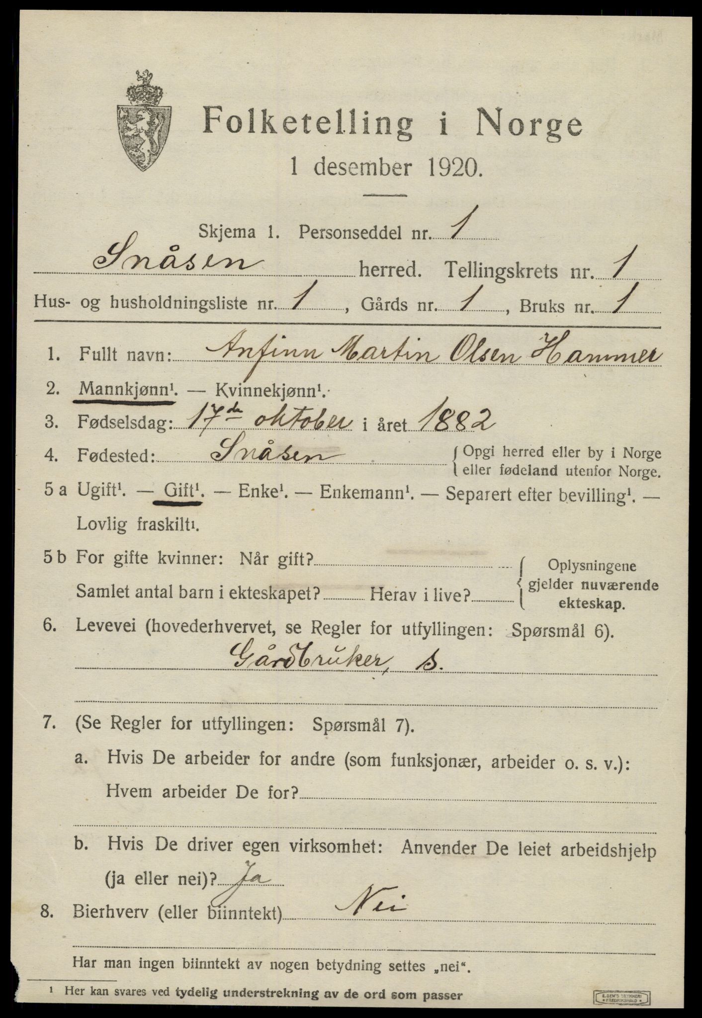 SAT, 1920 census for Snåsa, 1920, p. 1042