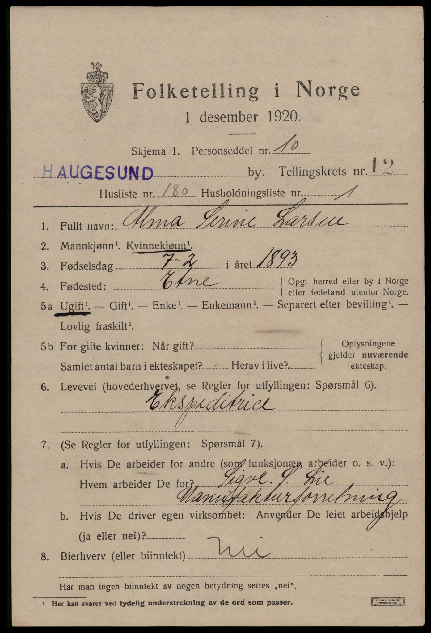 SAST, 1920 census for Haugesund, 1920, p. 41449