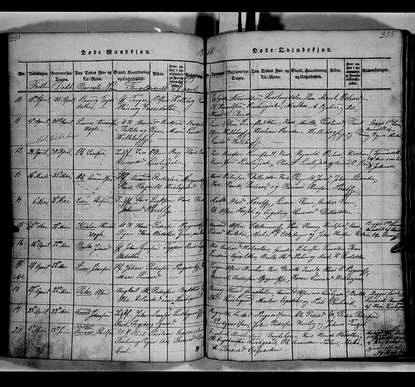 Gausdal prestekontor, SAH/PREST-090/H/Ha/Hab/L0002: Parish register (copy) no. 2, 1818-1874, p. 354-355