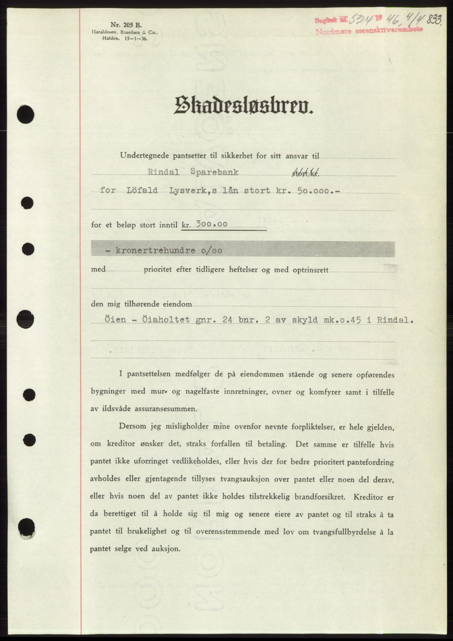 Nordmøre sorenskriveri, AV/SAT-A-4132/1/2/2Ca: Mortgage book no. B93b, 1946-1946, Diary no: : 524/1946