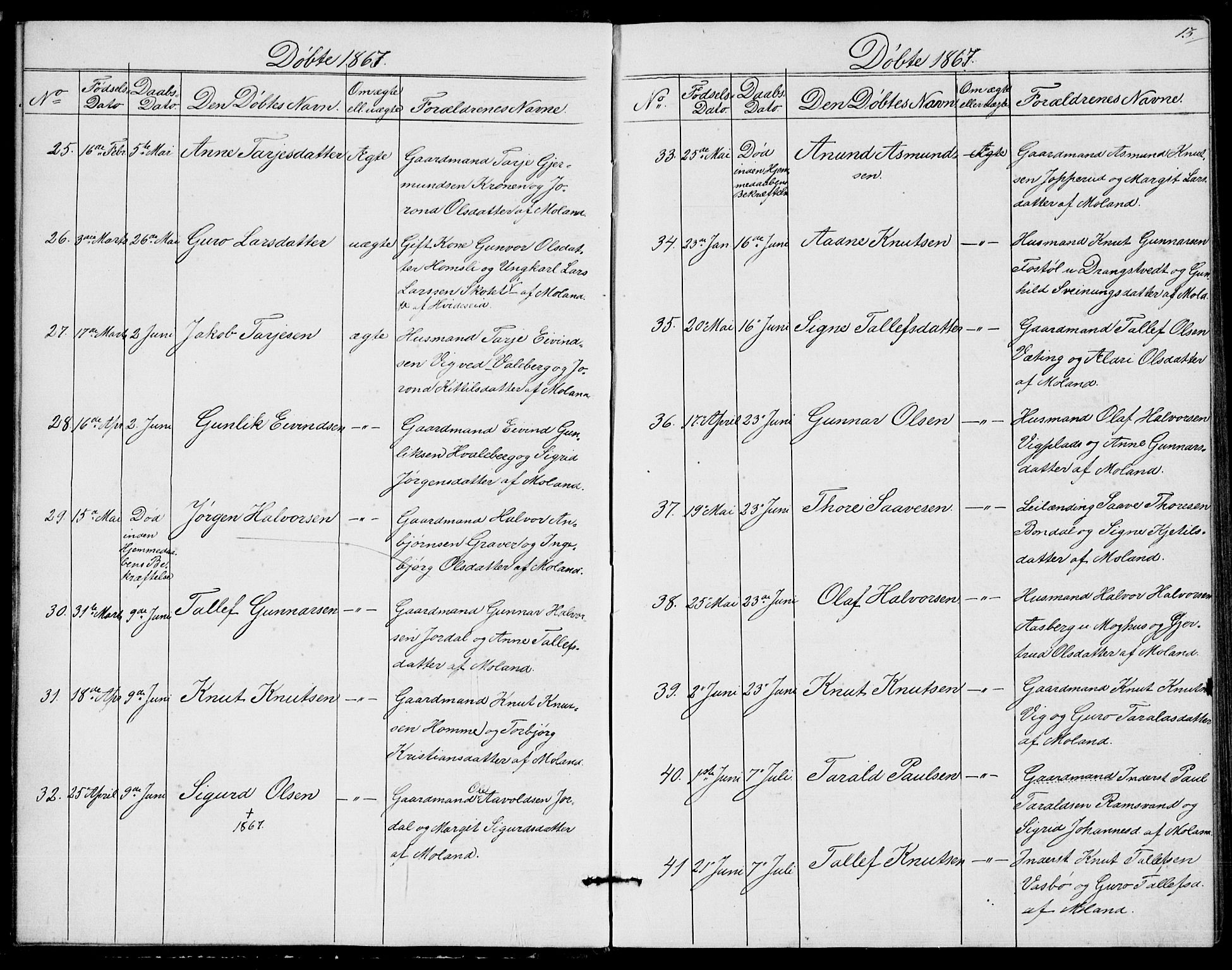 Fyresdal kirkebøker, SAKO/A-263/G/Ga/L0004: Parish register (copy) no. I 4, 1864-1892, p. 13