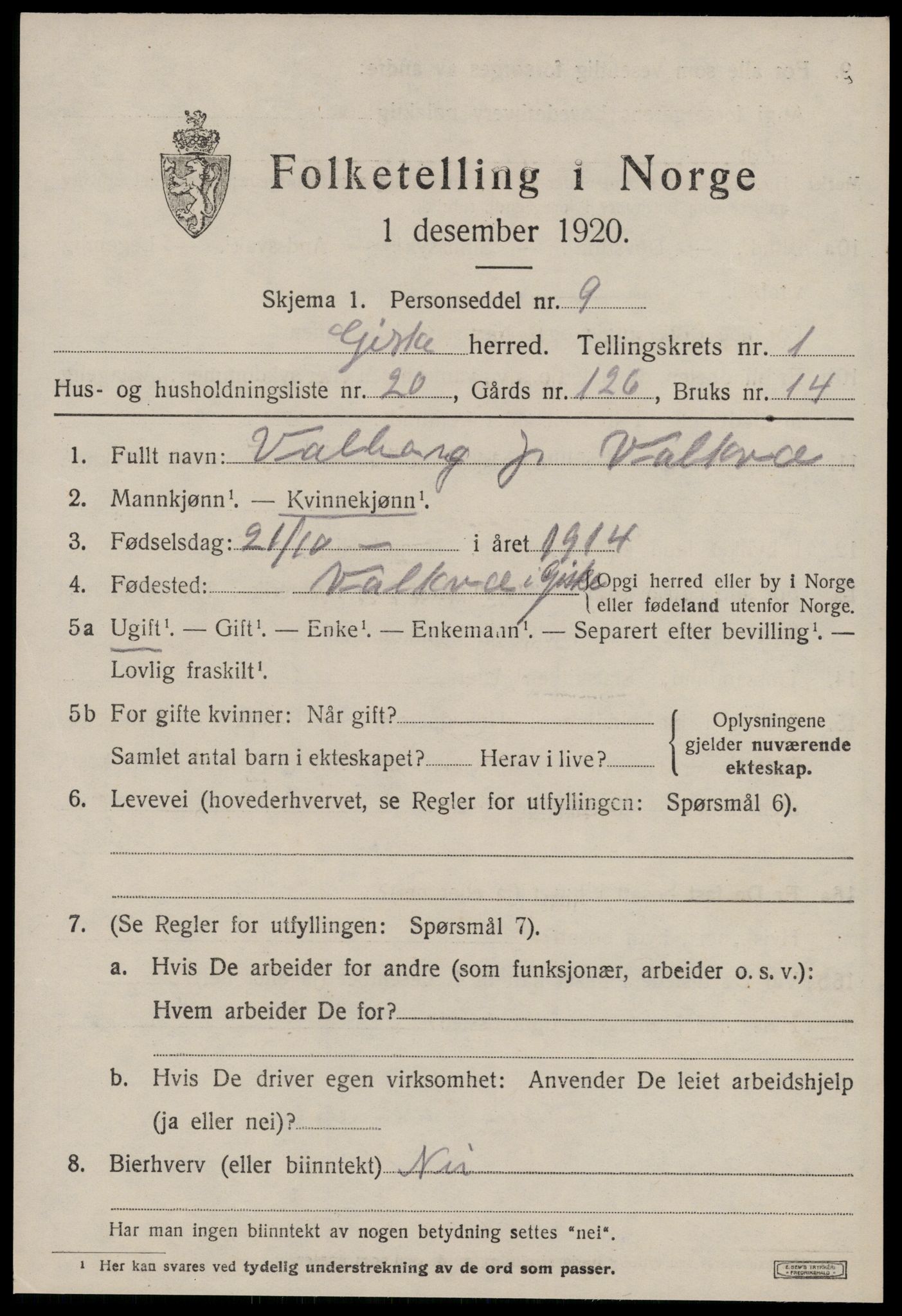 SAT, 1920 census for Giske, 1920, p. 860