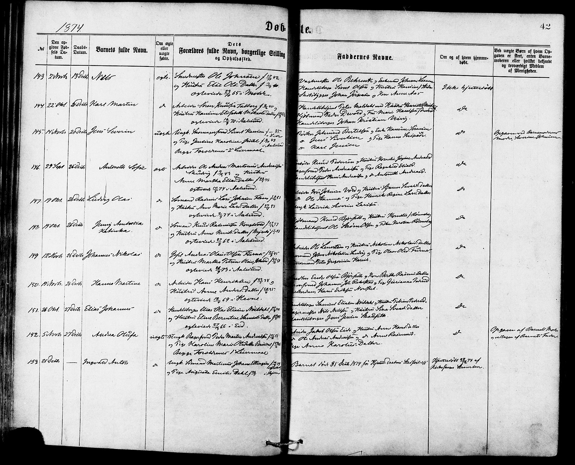 Ministerialprotokoller, klokkerbøker og fødselsregistre - Møre og Romsdal, AV/SAT-A-1454/529/L0453: Parish register (official) no. 529A03, 1872-1877, p. 42