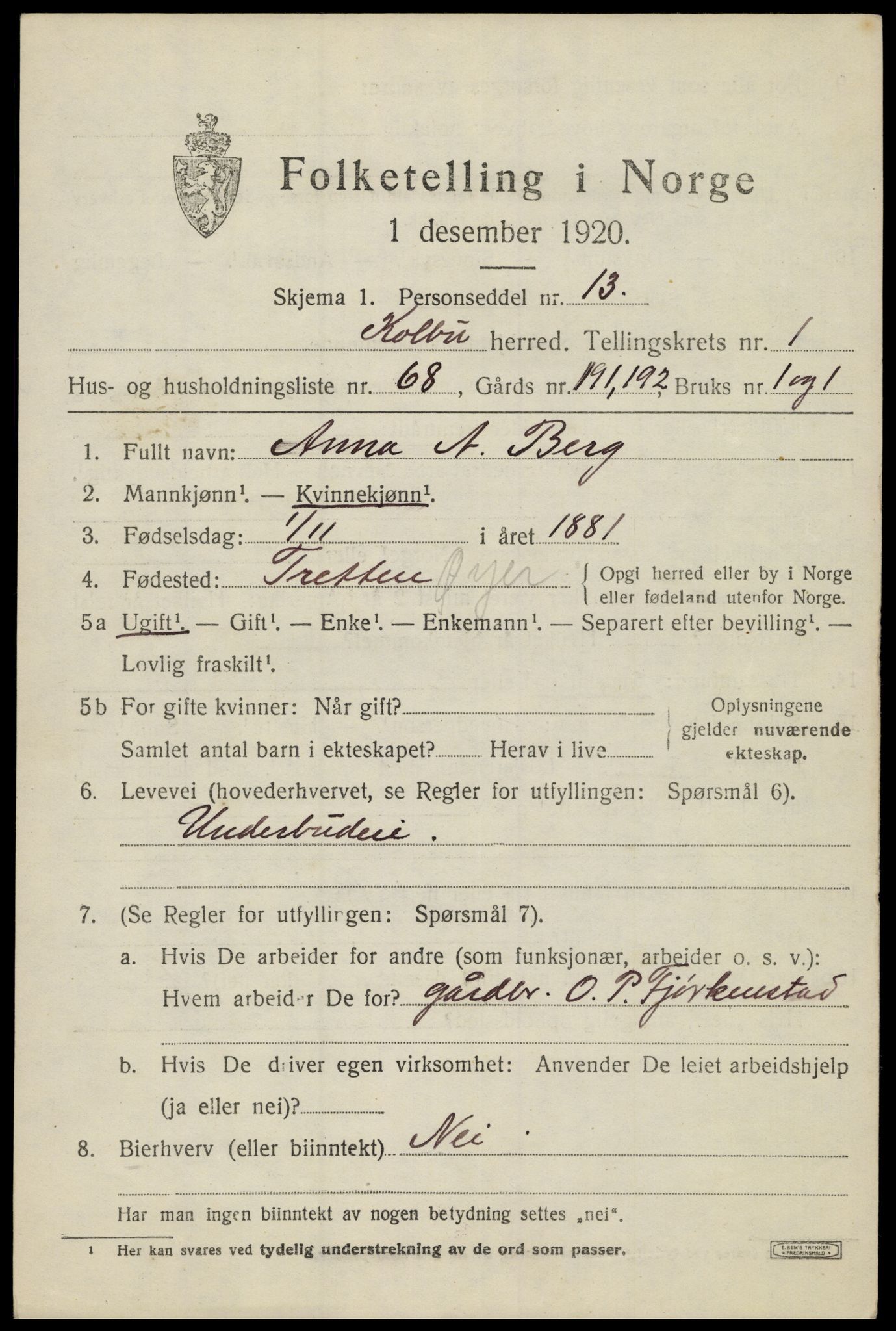 SAH, 1920 census for Kolbu, 1920, p. 1730