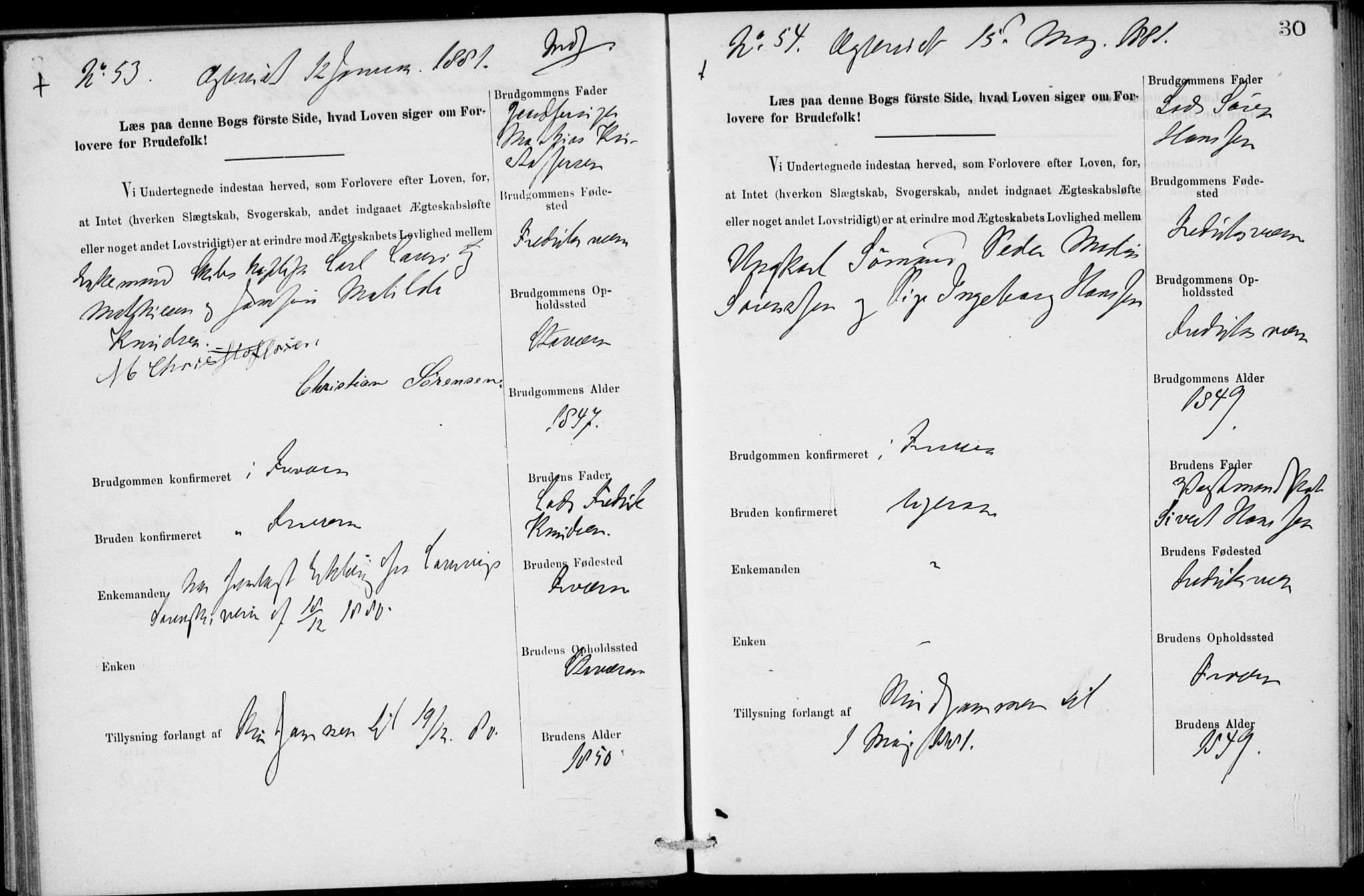 Stavern kirkebøker, SAKO/A-318/H/Ha/L0001: Banns register no. 1, 1875-1918, p. 30