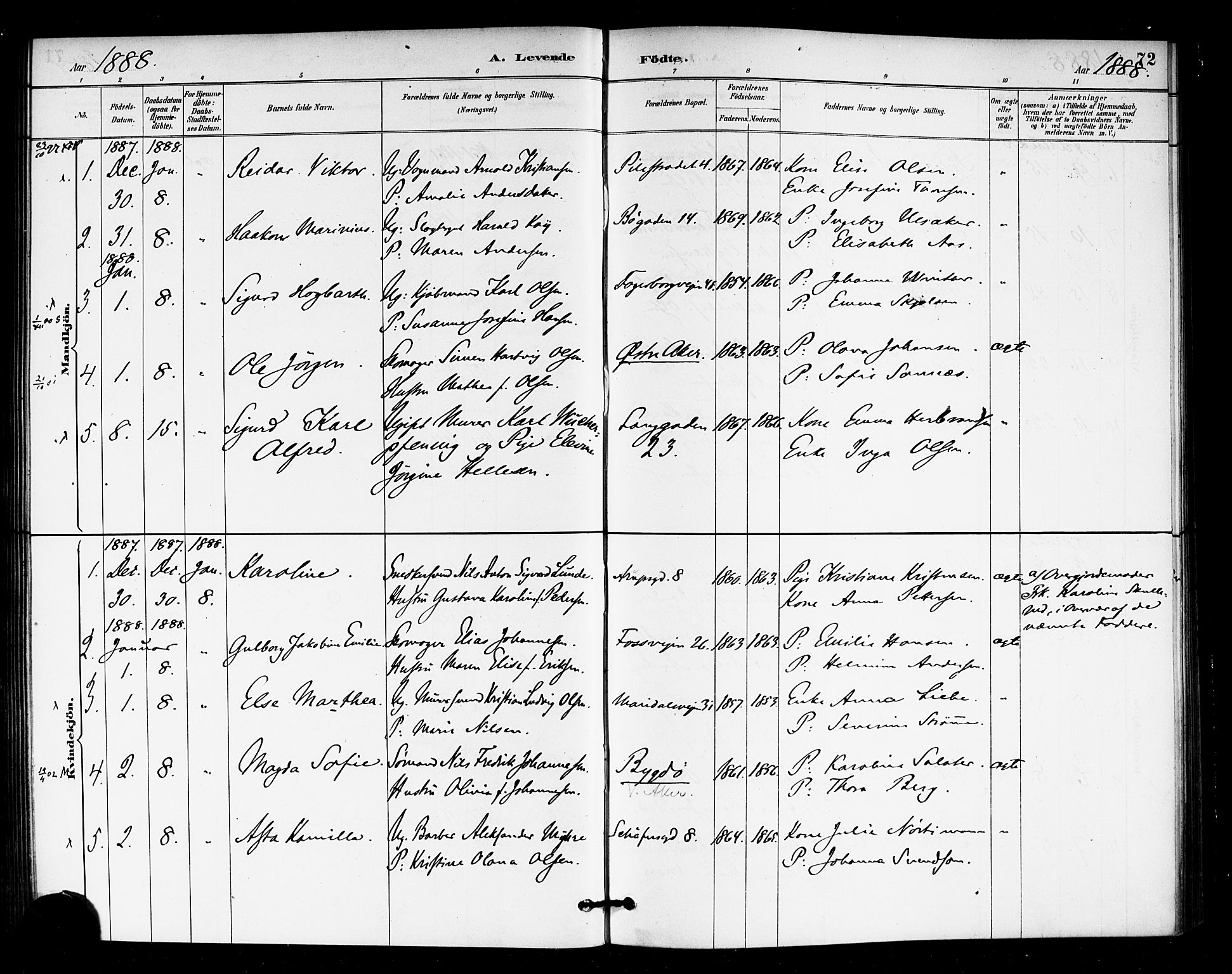 Rikshospitalet prestekontor Kirkebøker, AV/SAO-A-10309b/F/L0007: Parish register (official) no. 7, 1885-1890, p. 72