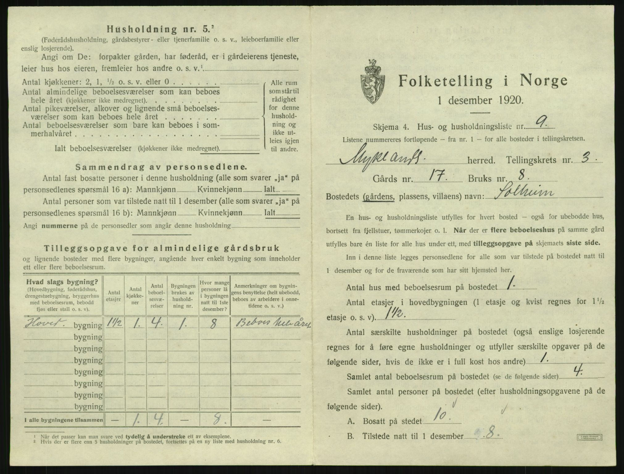 SAK, 1920 census for Mykland, 1920, p. 178