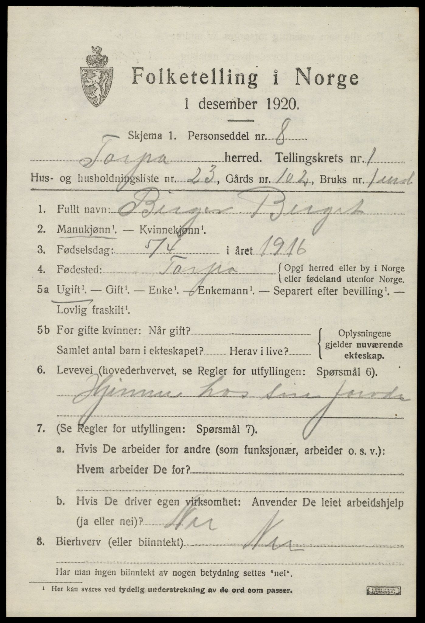 SAH, 1920 census for Torpa, 1920, p. 1257