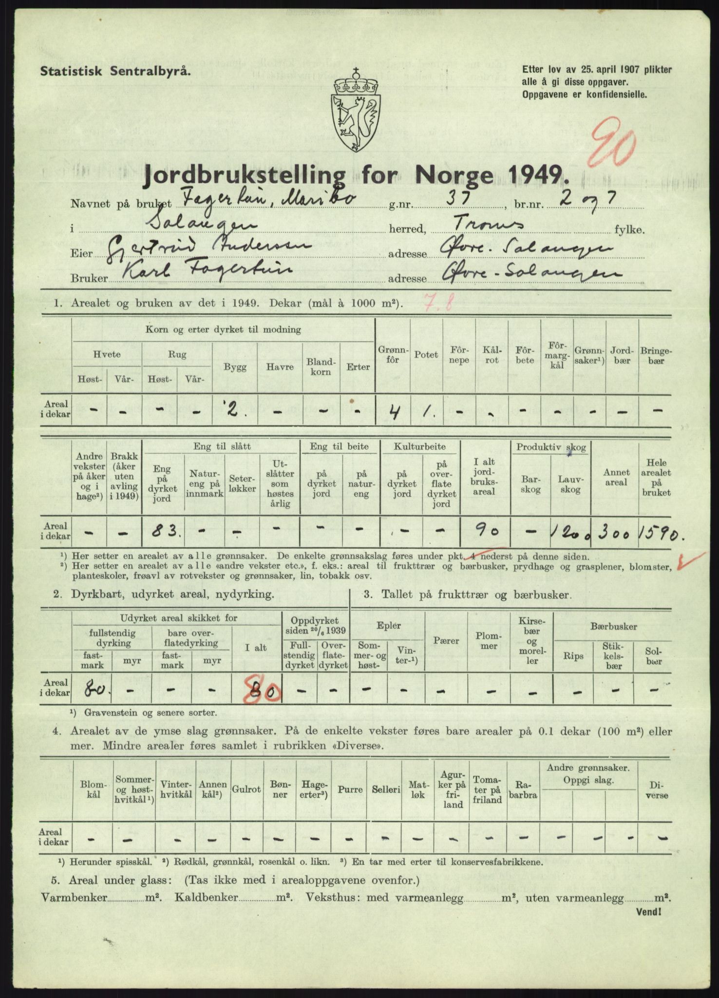 Statistisk sentralbyrå, Næringsøkonomiske emner, Jordbruk, skogbruk, jakt, fiske og fangst, AV/RA-S-2234/G/Gc/L0438: Troms: Salangen og Bardu, 1949, p. 897