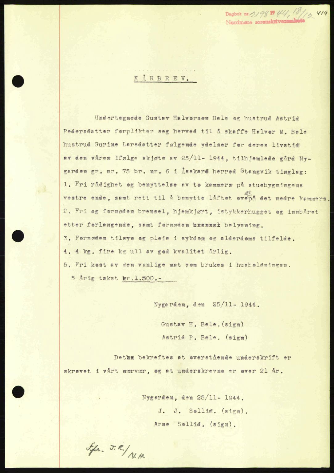 Nordmøre sorenskriveri, AV/SAT-A-4132/1/2/2Ca: Mortgage book no. B92, 1944-1945, Diary no: : 2198/1944