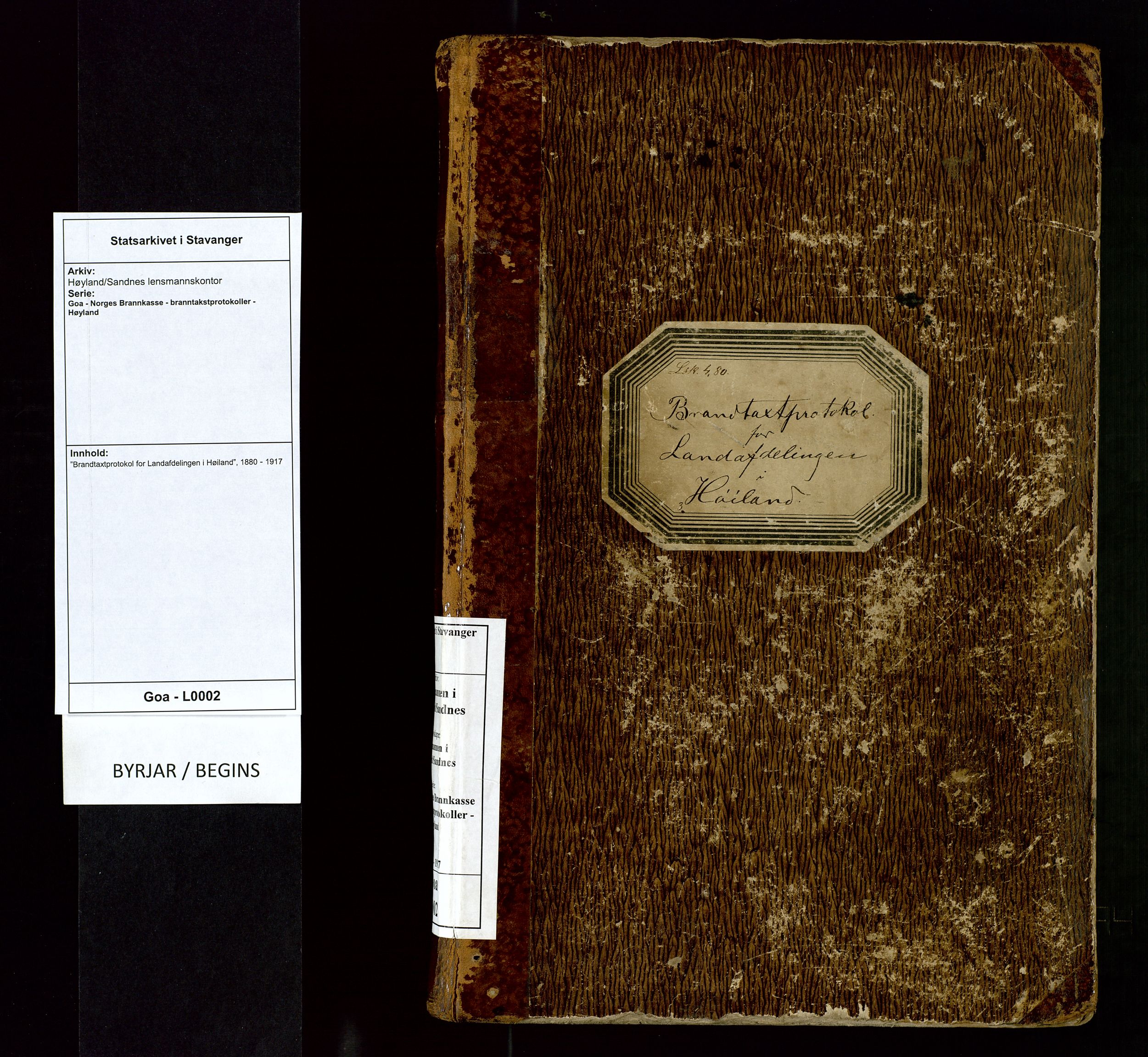 Høyland/Sandnes lensmannskontor, AV/SAST-A-100166/Goa/L0002: "Brandtaxtprotokol for Landafdelingen i Høiland", 1880-1917