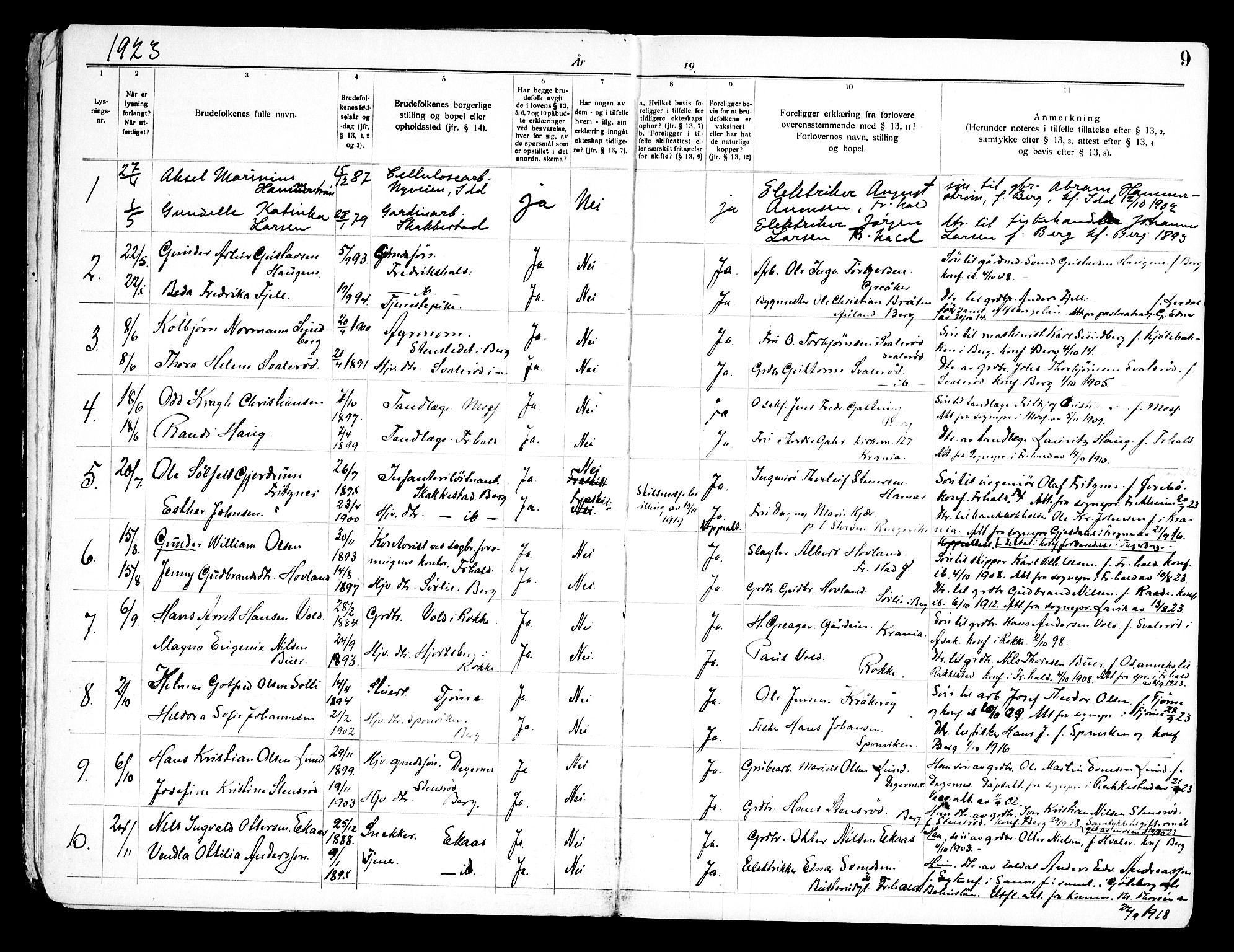 Berg prestekontor Kirkebøker, AV/SAO-A-10902/H/Ha/L0002: Banns register no. I 2, 1919-1966, p. 9