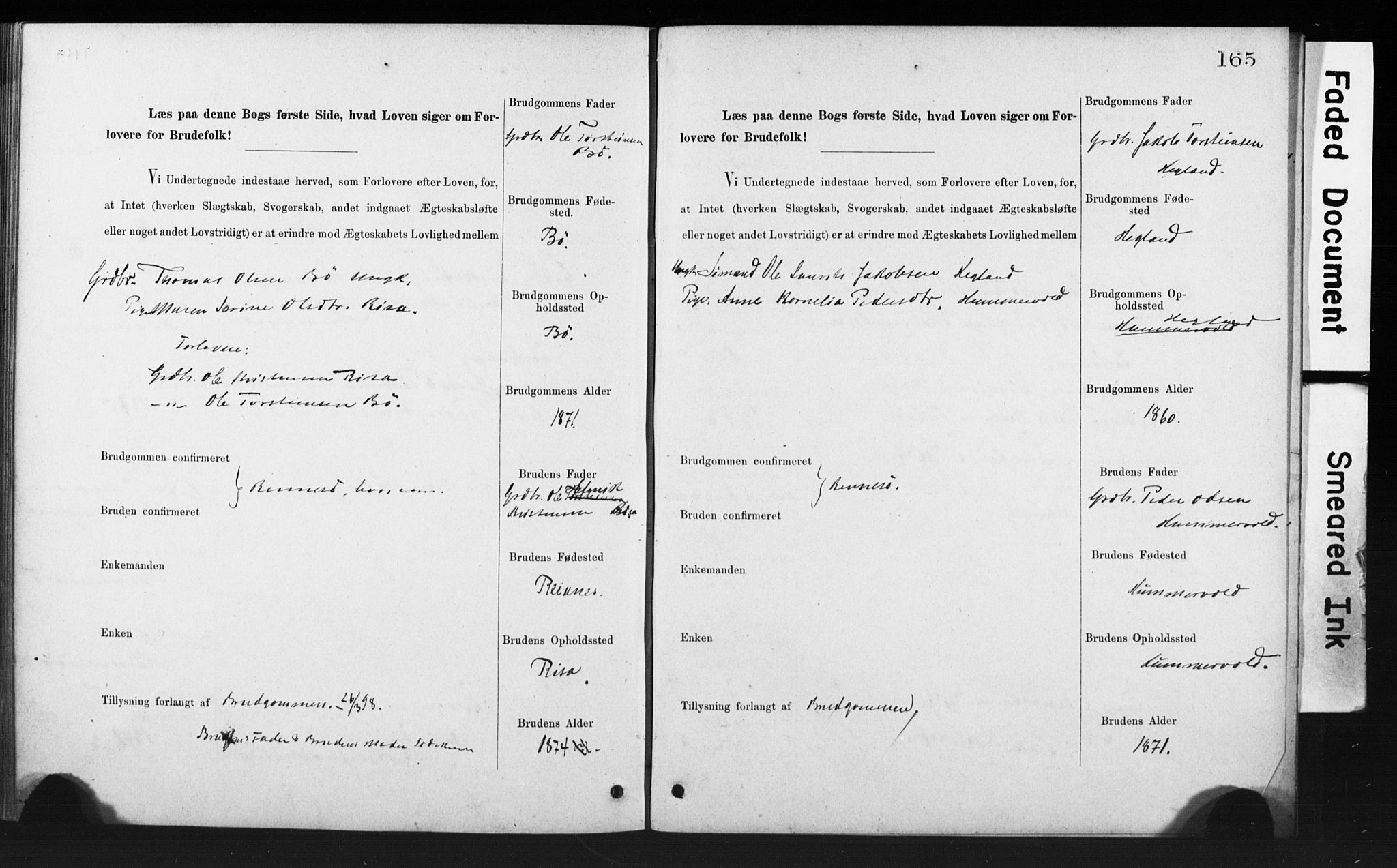 Rennesøy sokneprestkontor, AV/SAST-A -101827/I/Ie/L0001: Banns register no. 1, 1873-1898, p. 165