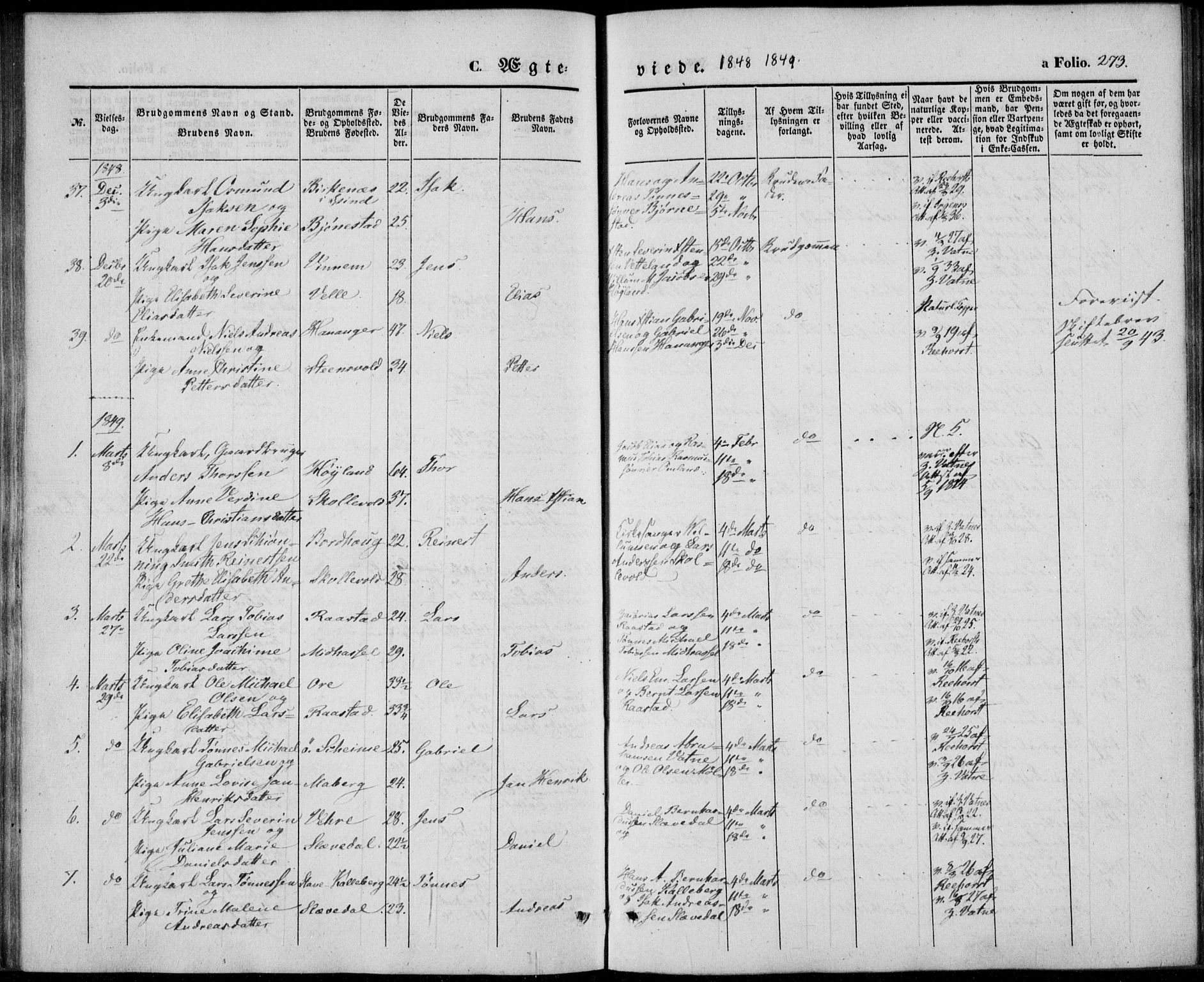 Lista sokneprestkontor, AV/SAK-1111-0027/F/Fb/L0002: Parish register (copy) no. B 2, 1847-1862, p. 273