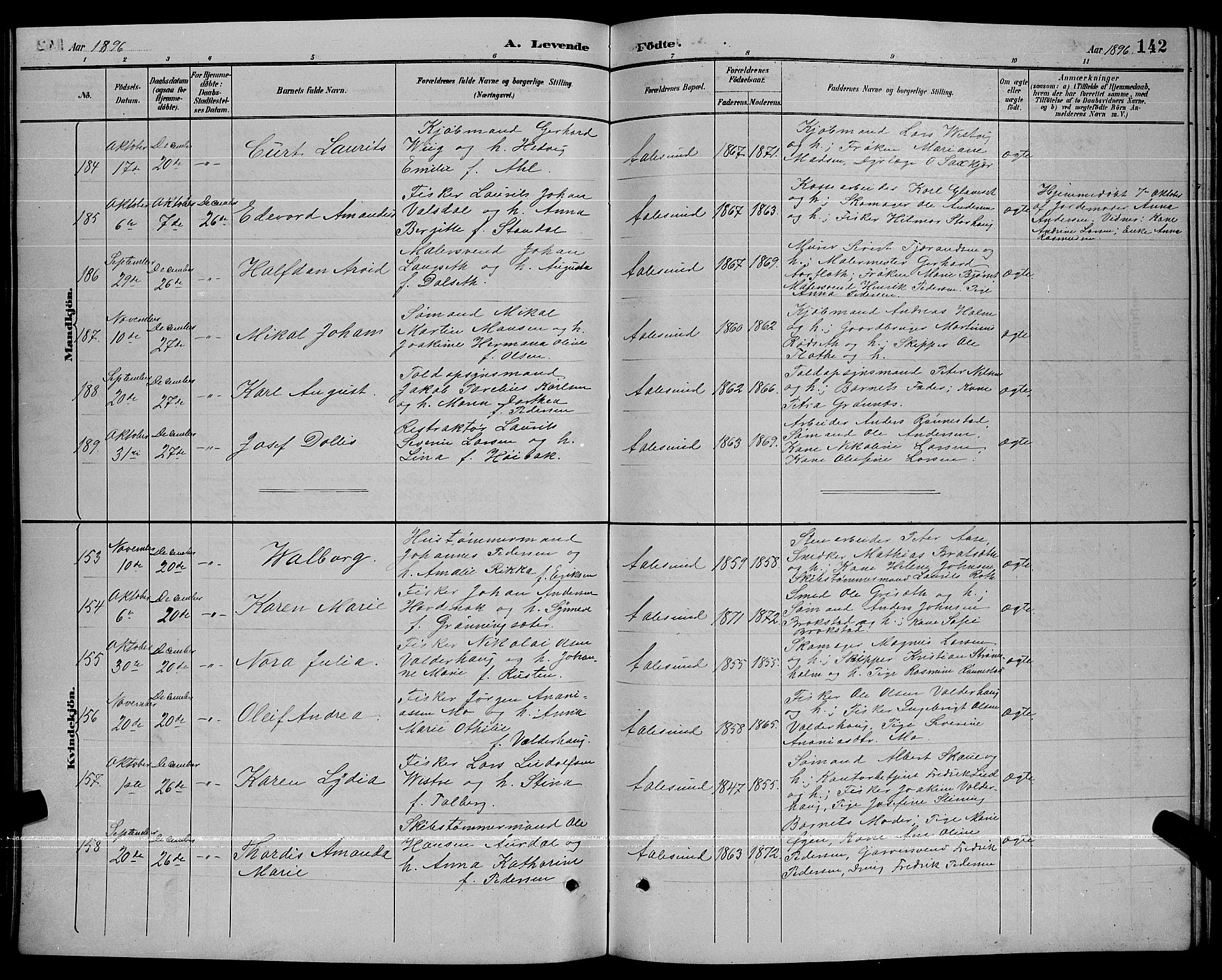 Ministerialprotokoller, klokkerbøker og fødselsregistre - Møre og Romsdal, AV/SAT-A-1454/529/L0467: Parish register (copy) no. 529C04, 1889-1897, p. 142