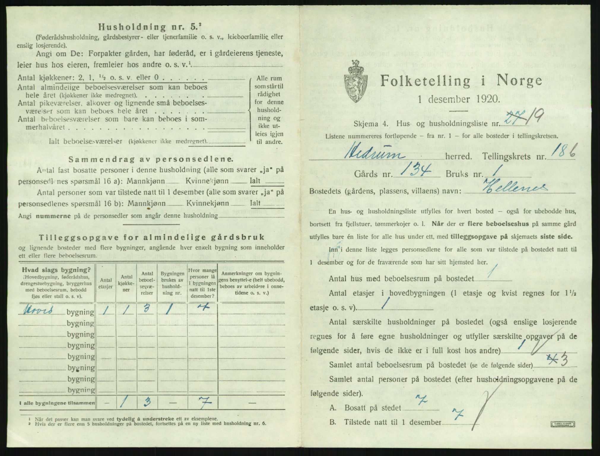 SAKO, 1920 census for Hedrum, 1920, p. 1645