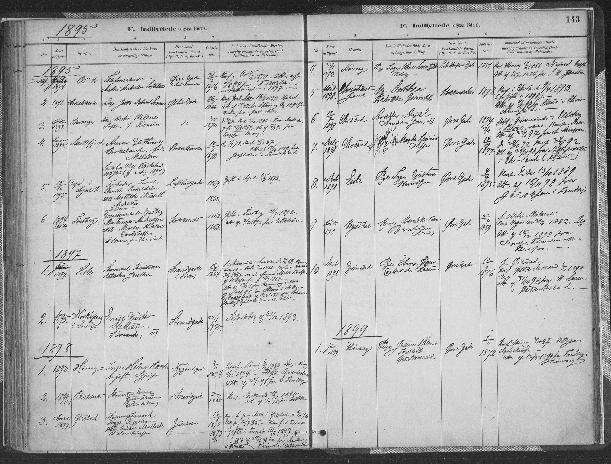 Vestre Moland sokneprestkontor, SAK/1111-0046/F/Fa/Faa/L0001: Parish register (official) no. A 1, 1884-1899, p. 143